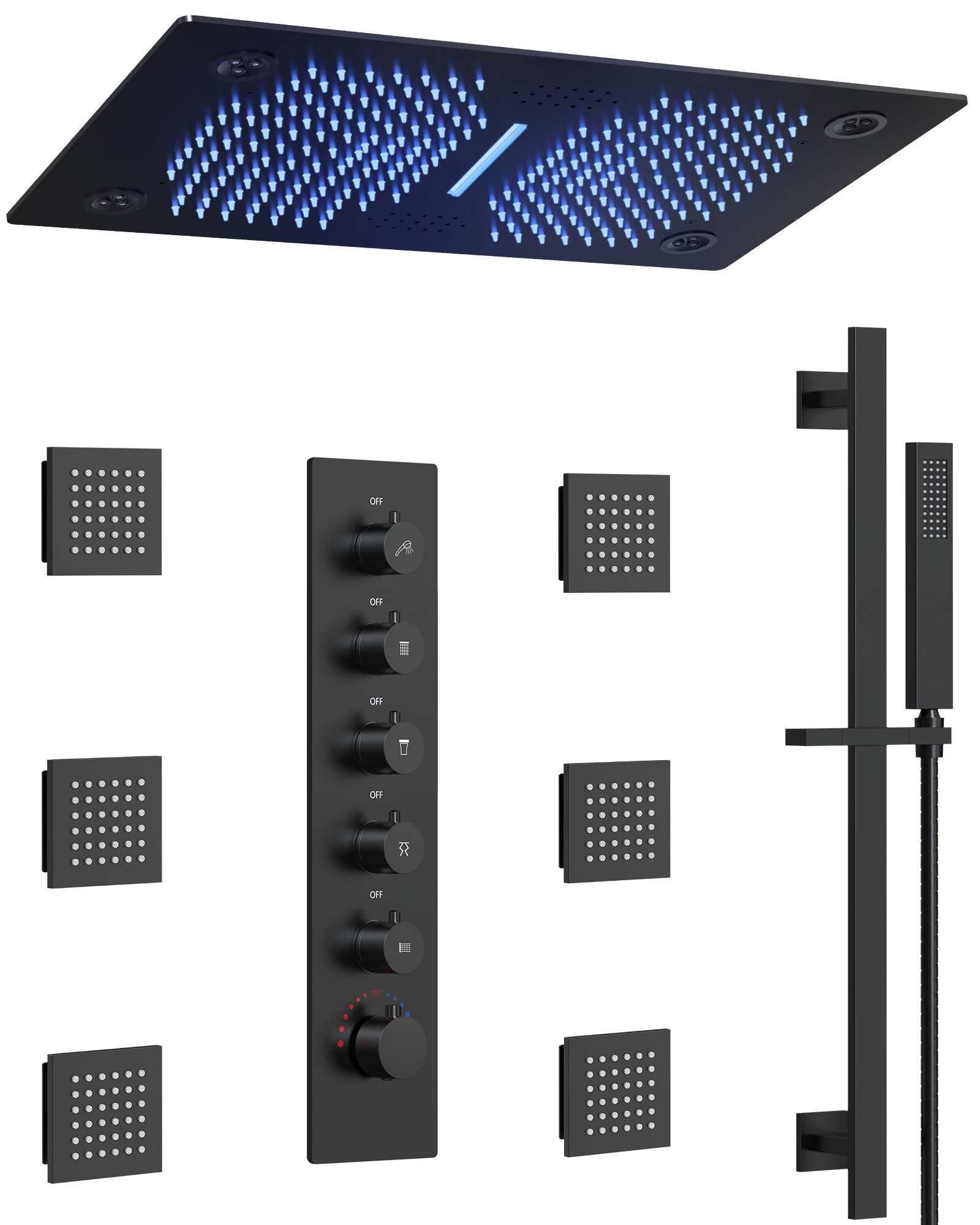 EVERSTEIN - LED Thermostatic Shower Faucet Slide Bar Shower Head with Bluetooth Music