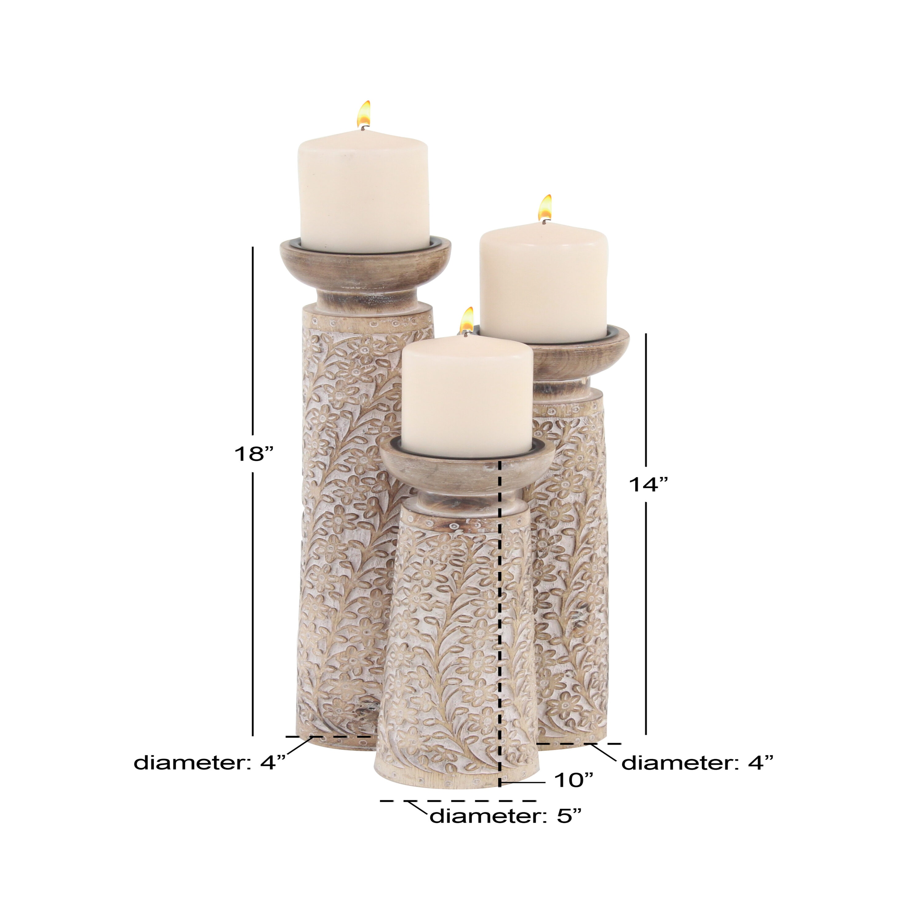 Rustic Elegance Mango Wood Carved Candle Holders, Brown Floral Set of 3