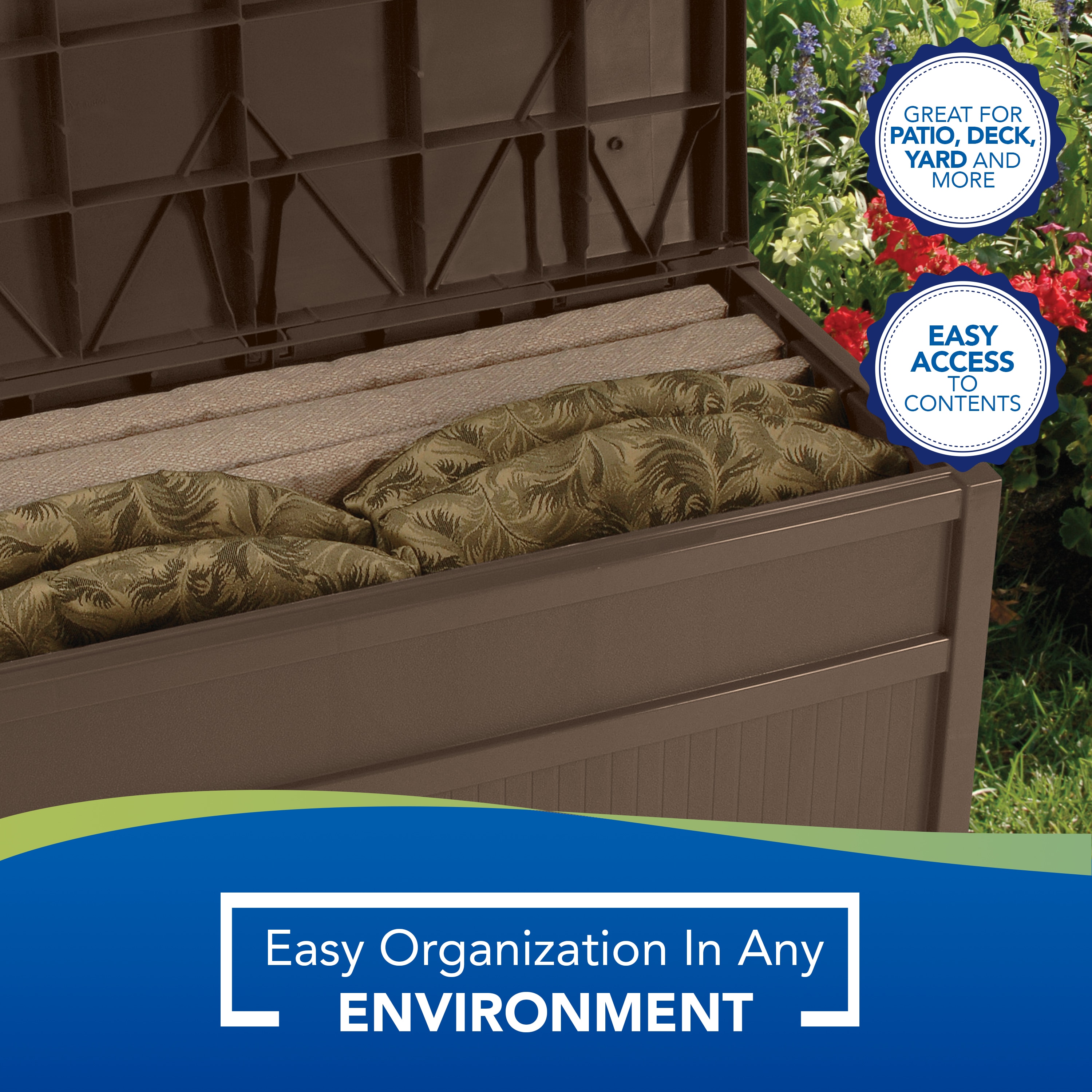 Suncast 50-Gallon Outdoor Resin Patio Deck Storage Box with Seat,  Peppercorn