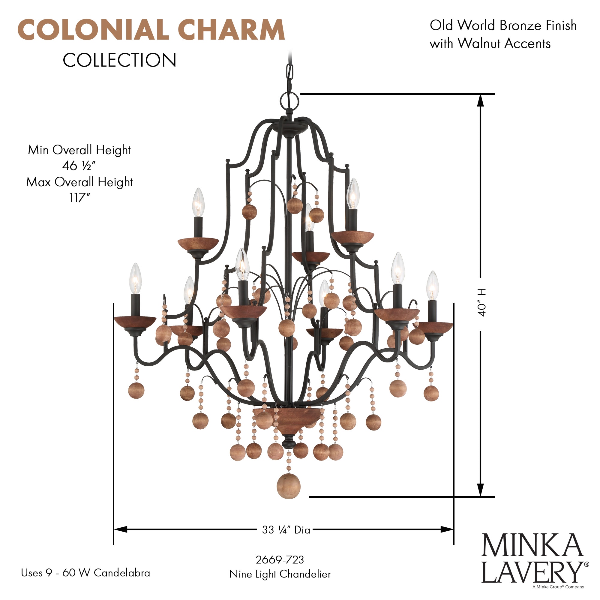 Old World Bronze and Walnut 9-Light Candle Chandelier