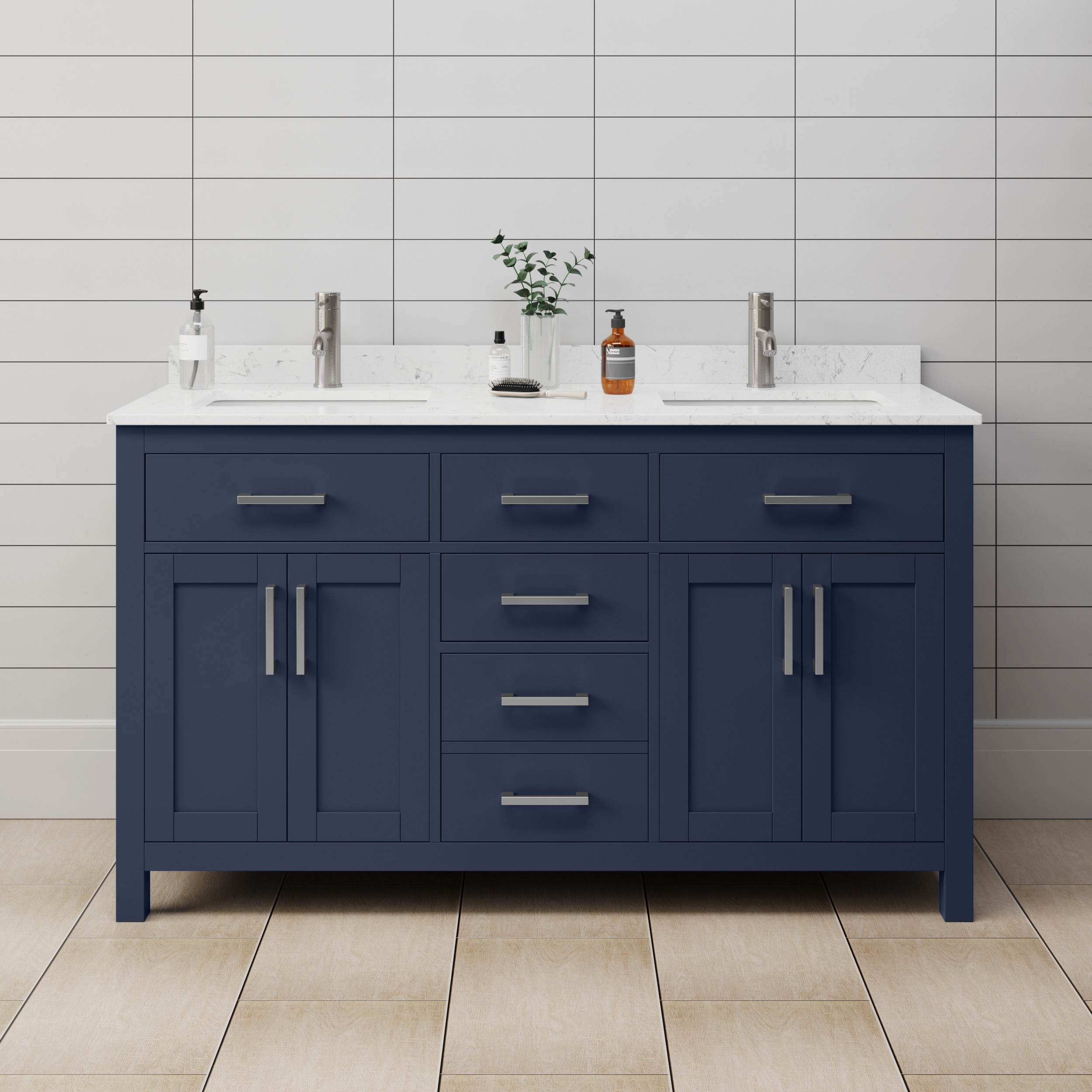 Wyndham Collection WCG242460DBNCCUNSMXX Beckett 60-in Dark Blue with Brushed Nickel Trim Undermount Double sink Bathroom Vanity with Carrara Cultured Marble Cultured marble Top