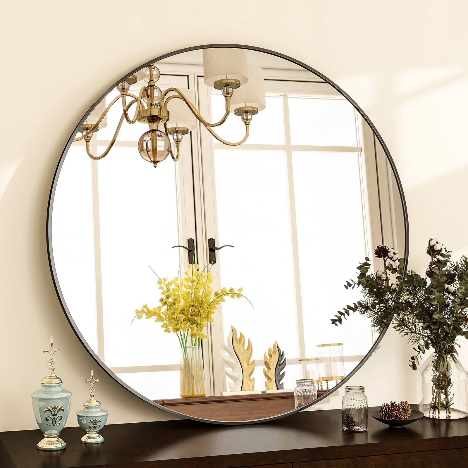 BEAUTYPEAK 24-in W x 24-in H Round Black Framed Wall Mirror in the ...