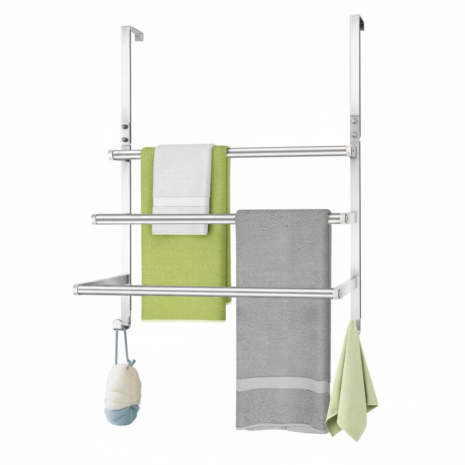 Paradigms Interiors 3 Tier Over The Door Towel Rack Brushed Nickel Stainless Steel with Hooks Rapid Drying Scratch Proof No Drilling