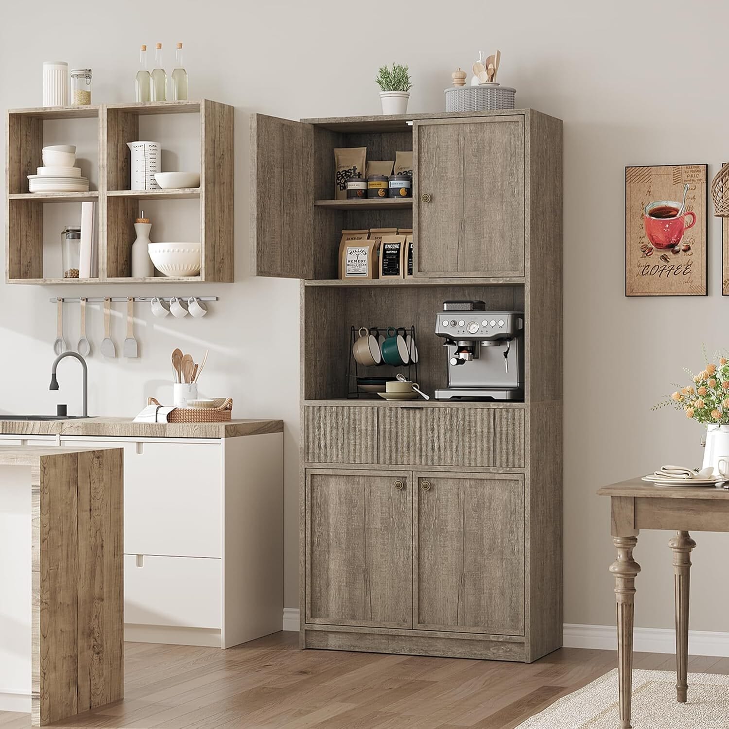 Garvee 70 Inch Tall Kitchen Pantry Cabinet Storage Cabinet with Countertop Shelf and Drawer Freestanding Fluted Kitchen Hutch Cupboard for Dining Room Living Room