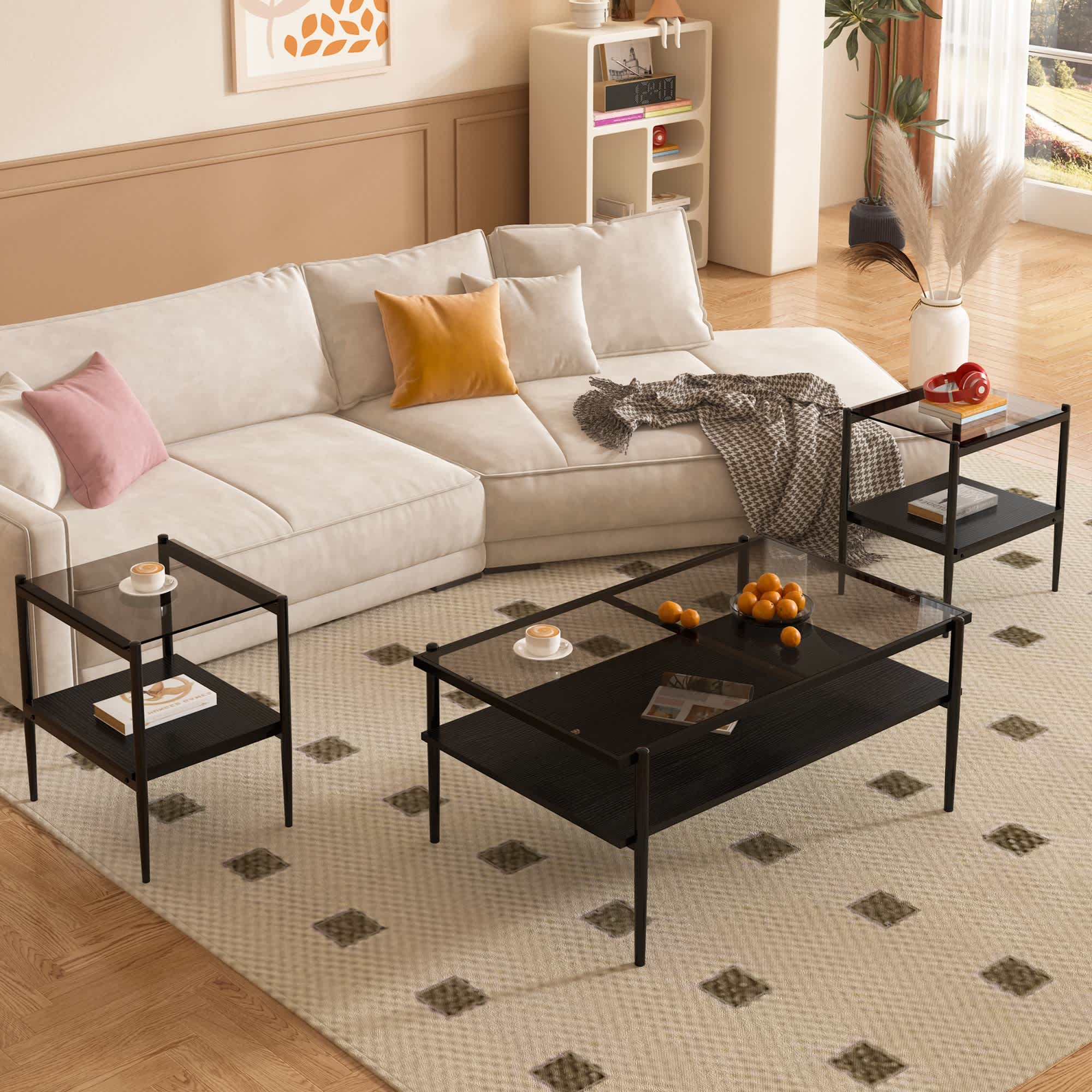 Vynxaria LEXY0458-DJJJ-BZ028 Series 15.35 in. Gray Rectangular Tempered Glass End Table with MDF Layer and Modern Features