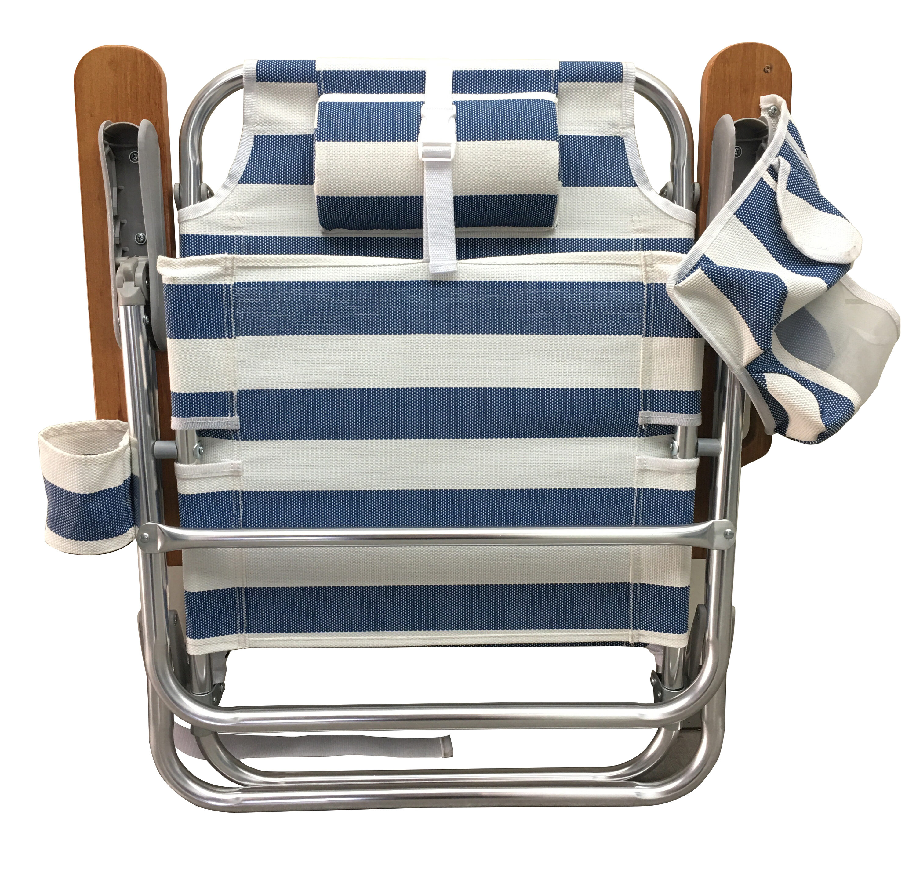 Blue and White Striped Aluminum Beach Lounger with Wooden Arms