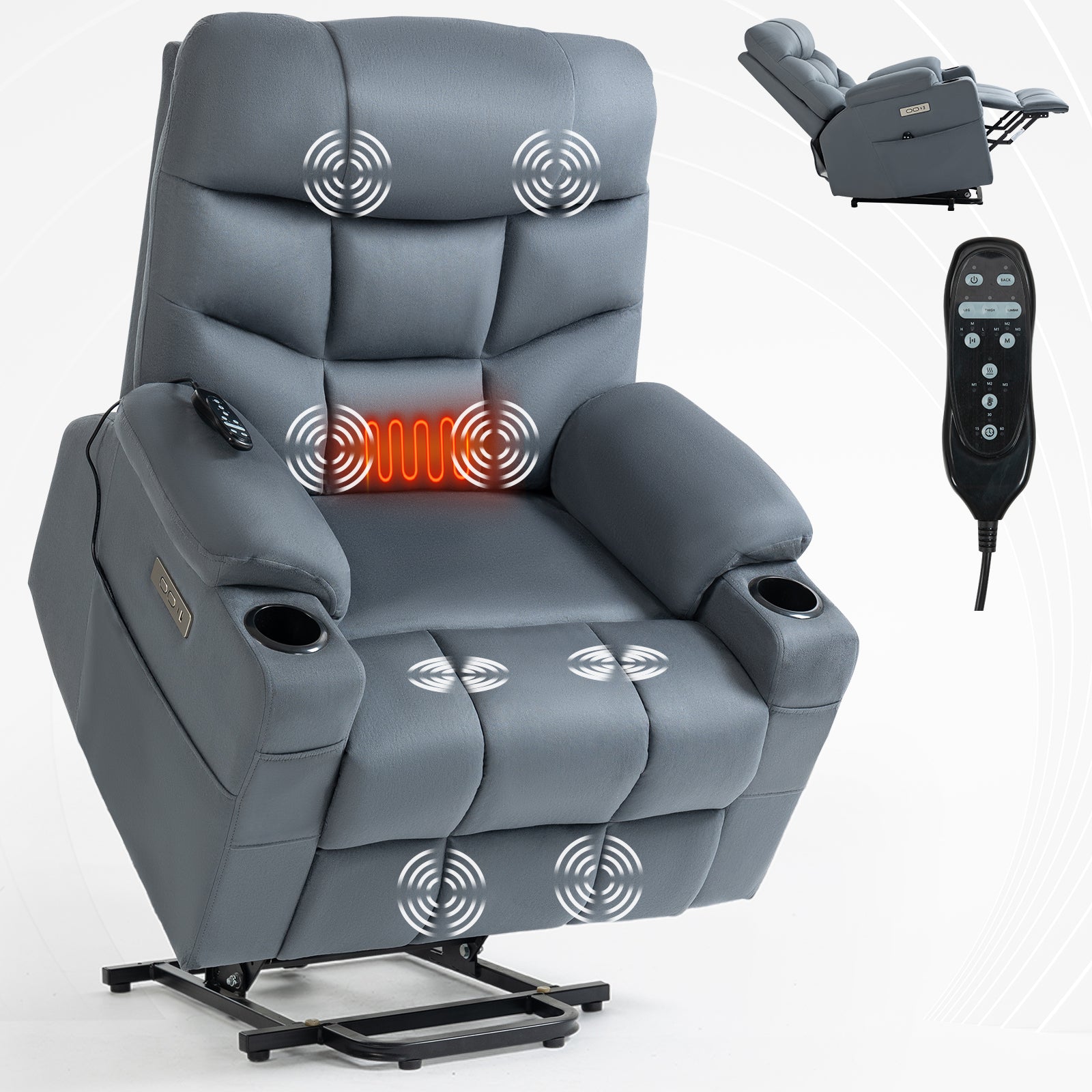 Boyel Living Blue-gray Power Lift Recliner Chair Heavy Duty Motion Mechanism with 8-Point Vibration Massage and Lumbar Heating