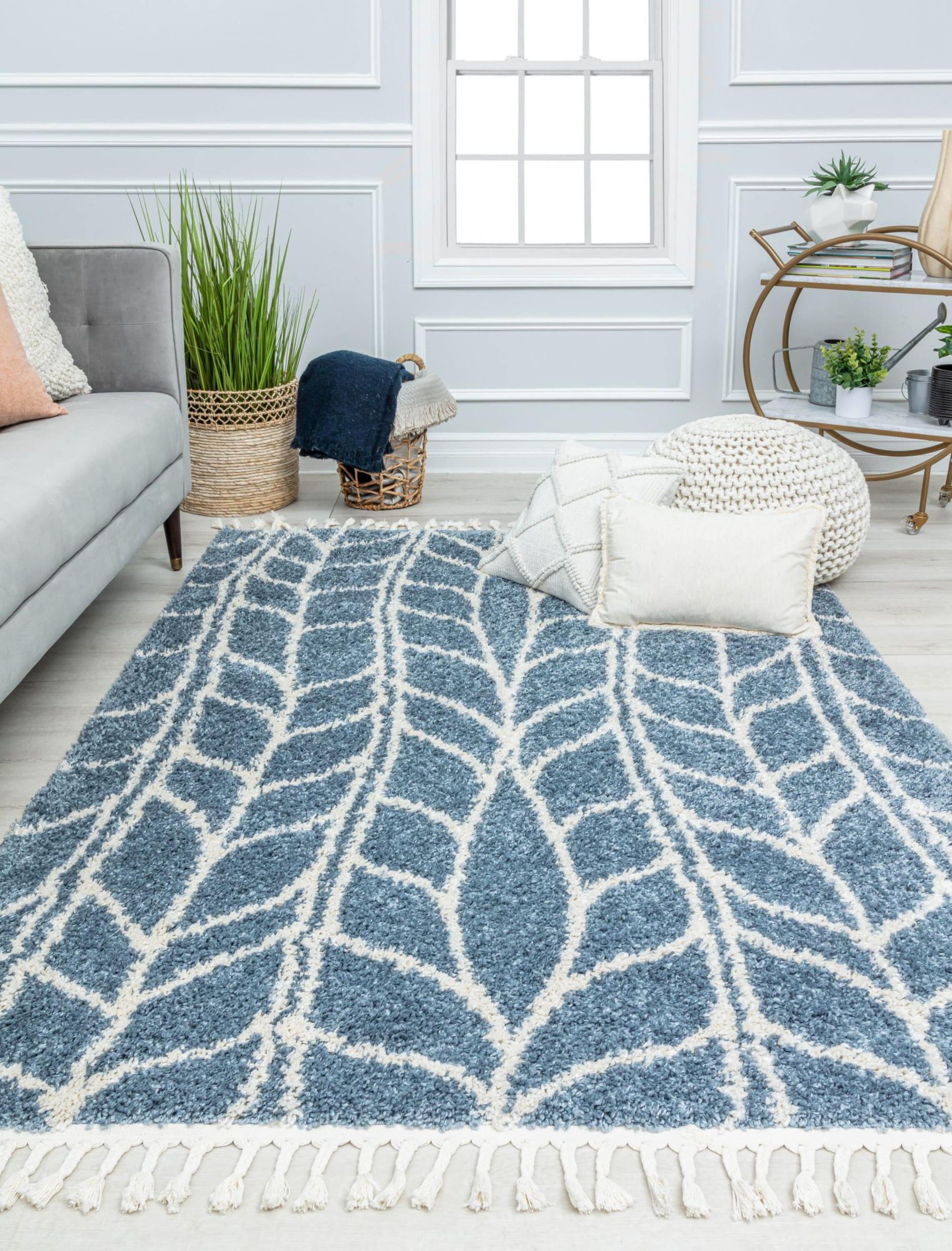 Sky Vine Blue Geometric Braided Area Rug with Tassels