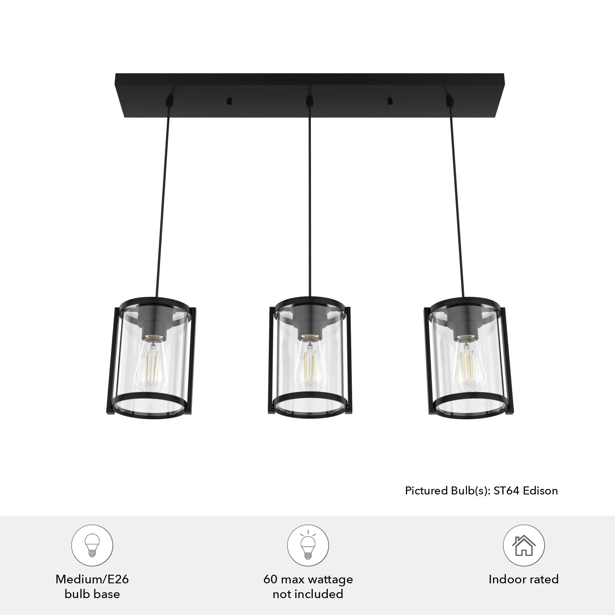 Matte Black Glass 3-Light Linear Cluster Pendant
