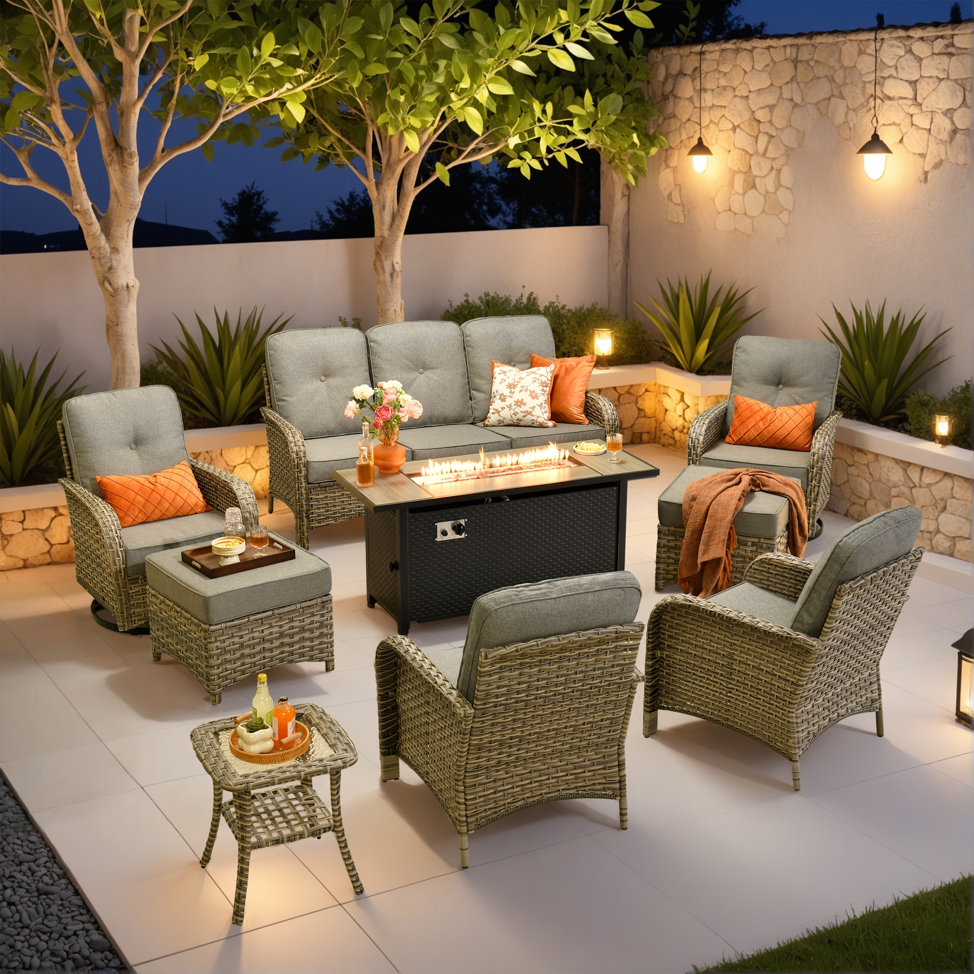 Ovios RFP5VNC208Y 9 -Piece Rattan Patio Sofa Conversation Set with Dark Gray Cushions