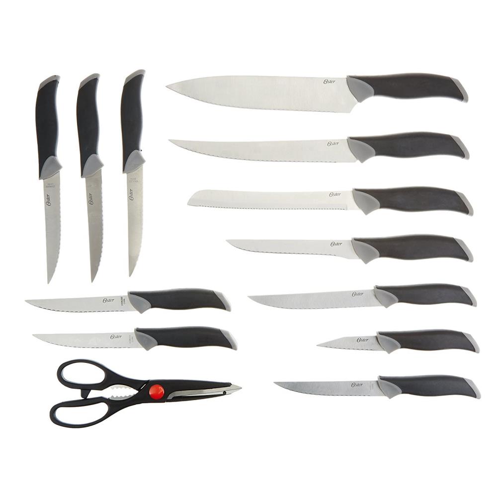 Oster Lingbergh 14 Piece Stainless Steel Cutlery Knife Set with Pine Wood  Block