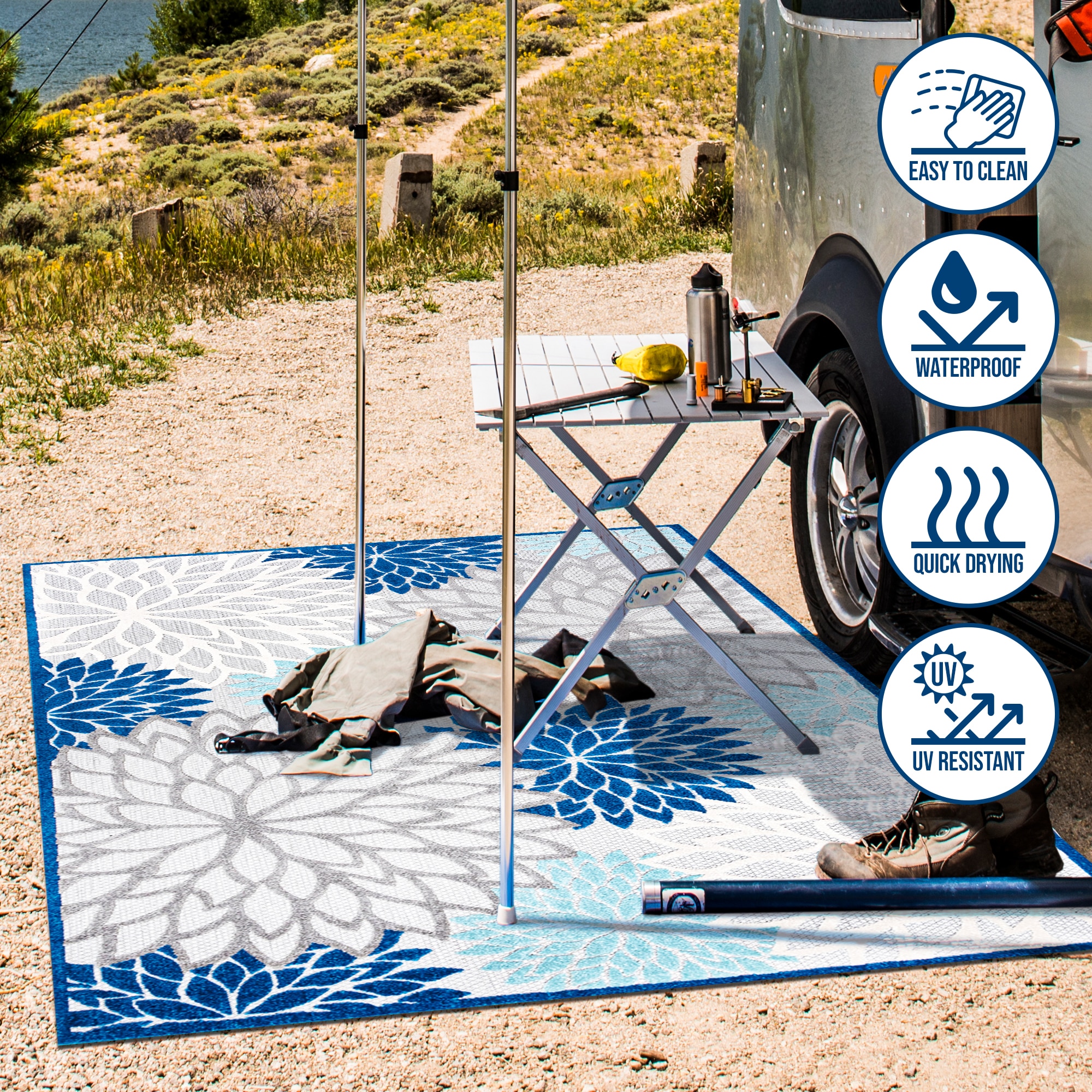 Blue/Gray Floral Synthetic 3' x 5' Easy-Care Indoor/Outdoor Rug