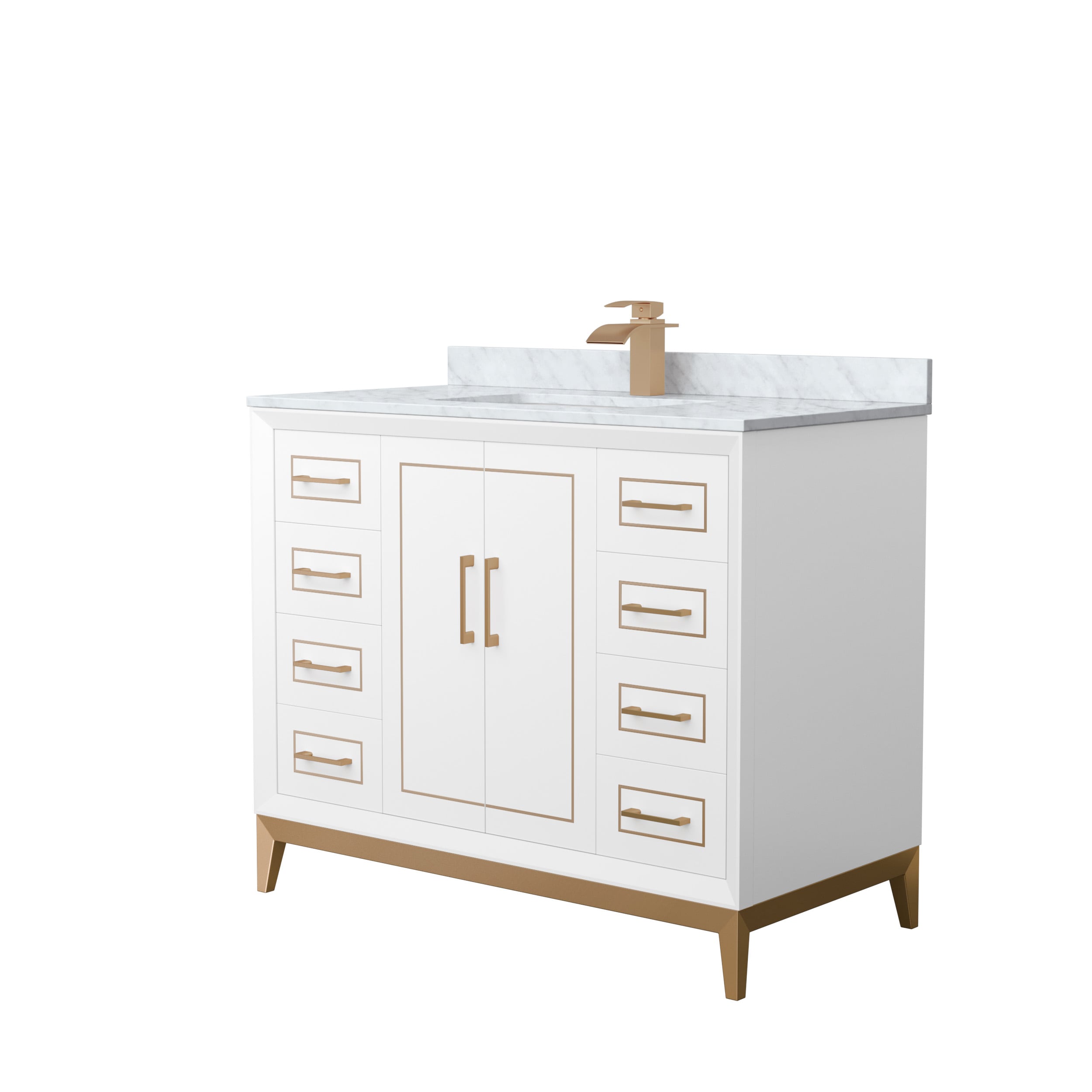 Wyndham Collection WCH515142SWZCMUNSMXX Marlena 42-in White with Satin Bronze Trim Undermount Single Sink Bathroom Vanity with White Carrara Marble Natural Marble Top