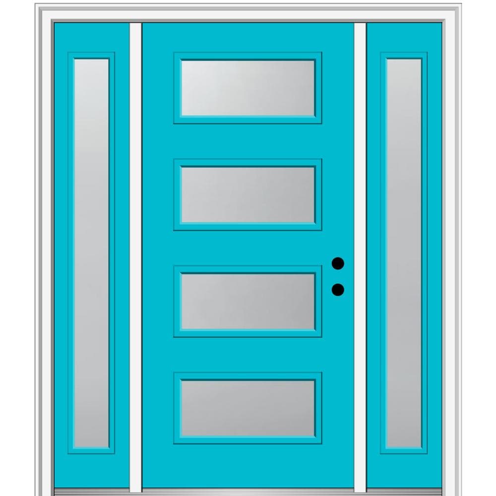 MMI DOOR ZZ349590L Spotlights 60-in x 80-in x 6-9/16-in Fiberglass Pulse lite Left-hand inswing Bahama Blue Painted Prehung Front Door with Sidelights with Brickmould Insulating core
