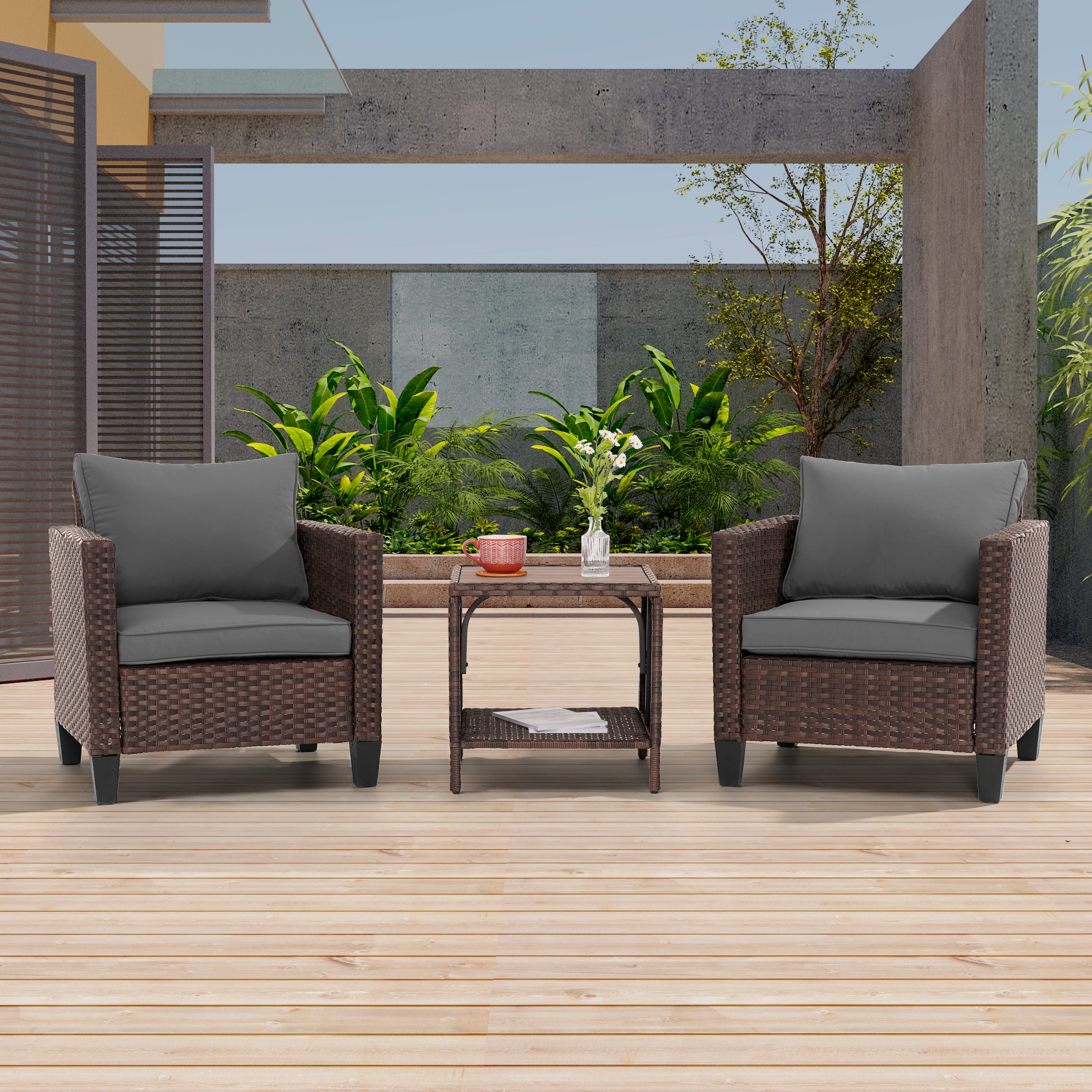 ACEGOSES LW-S1BGY 3 -Piece Wicker Patio Conversation Set with Gray Cushions