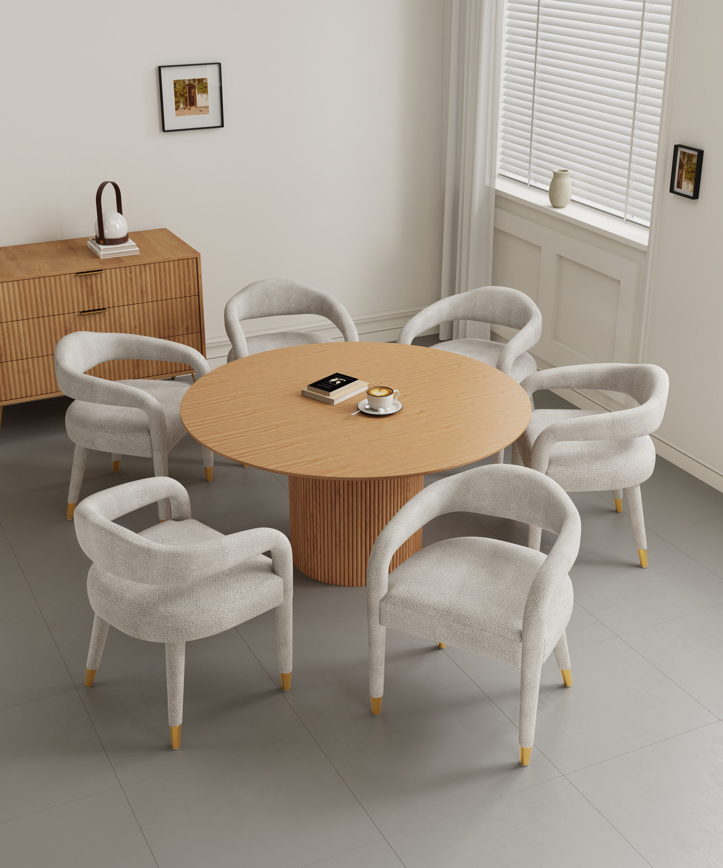 Manhattan Comfort 6-DT05DC093AR-NASL Natural and Silver Lining Contemporary/Modern Dining Room Set with Round Table ( Seats 6 )
