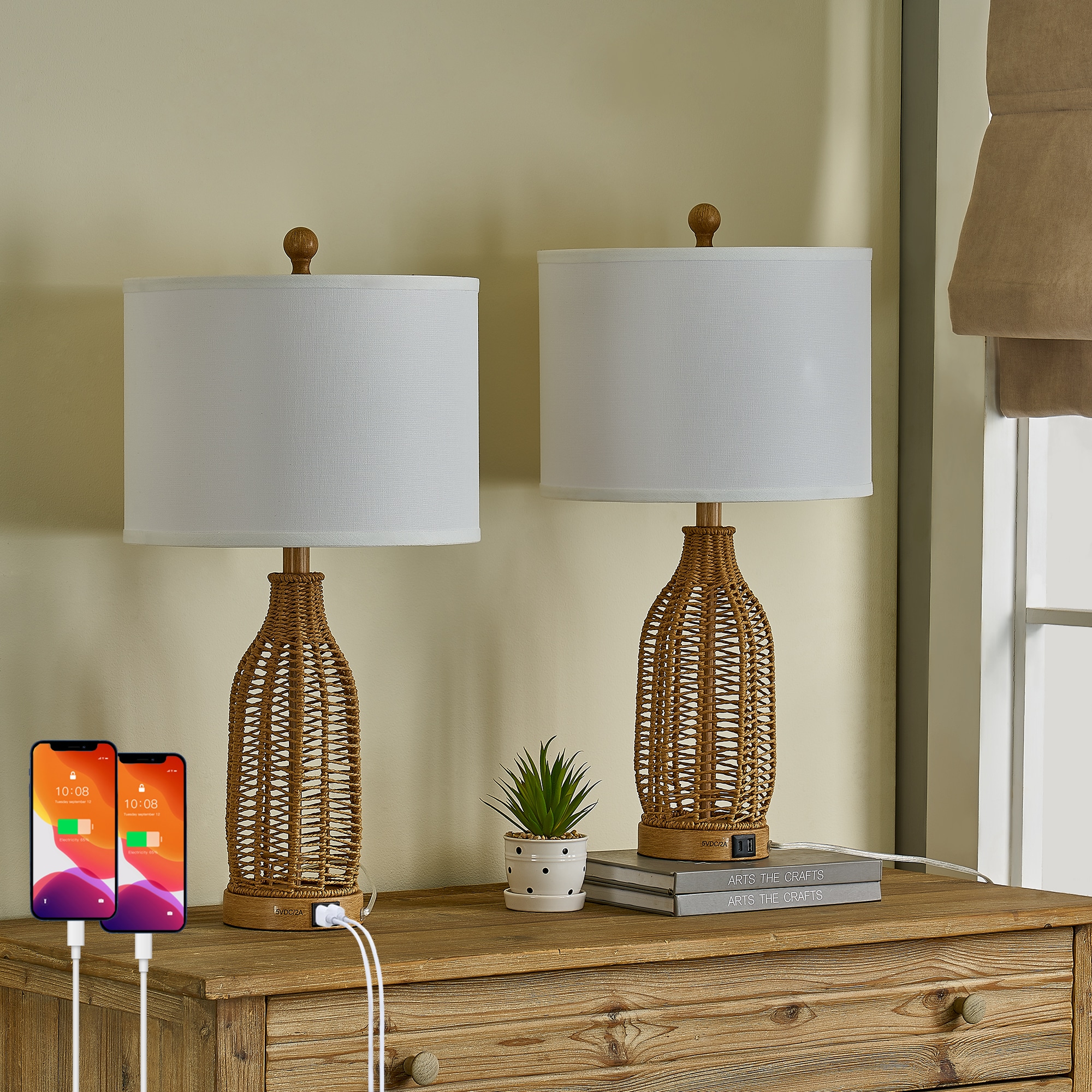 Maxax T259-WG Deluxe 24.5-in Brown LED Incandescent Rotary socket Table Lamp with Linen Shade 2 -Set