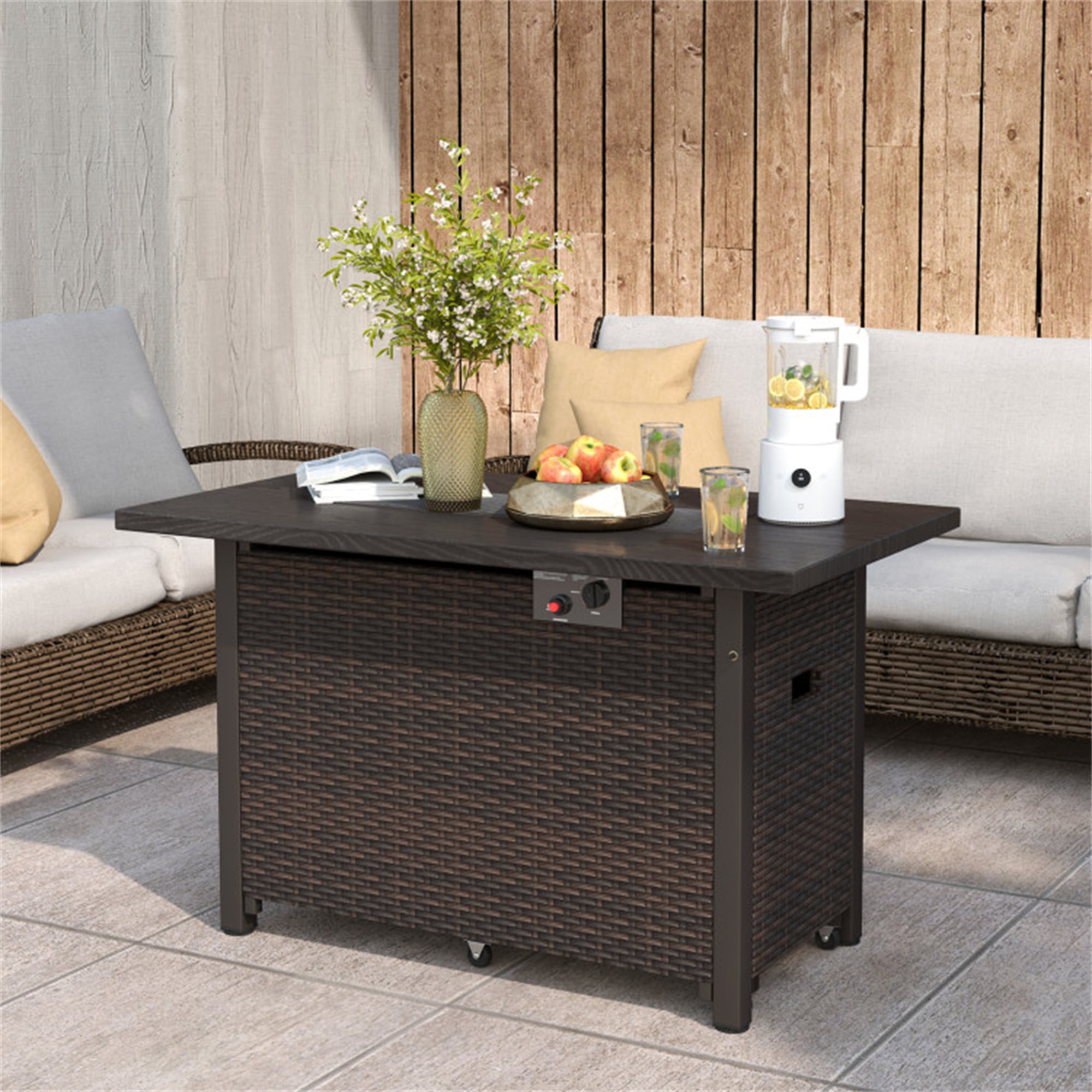BABOOM BOM-98937-OR Fire Pit Table With Glass Windshield 42-in W Brown Stainless steel Rectangle Liquid propane Fire pit table