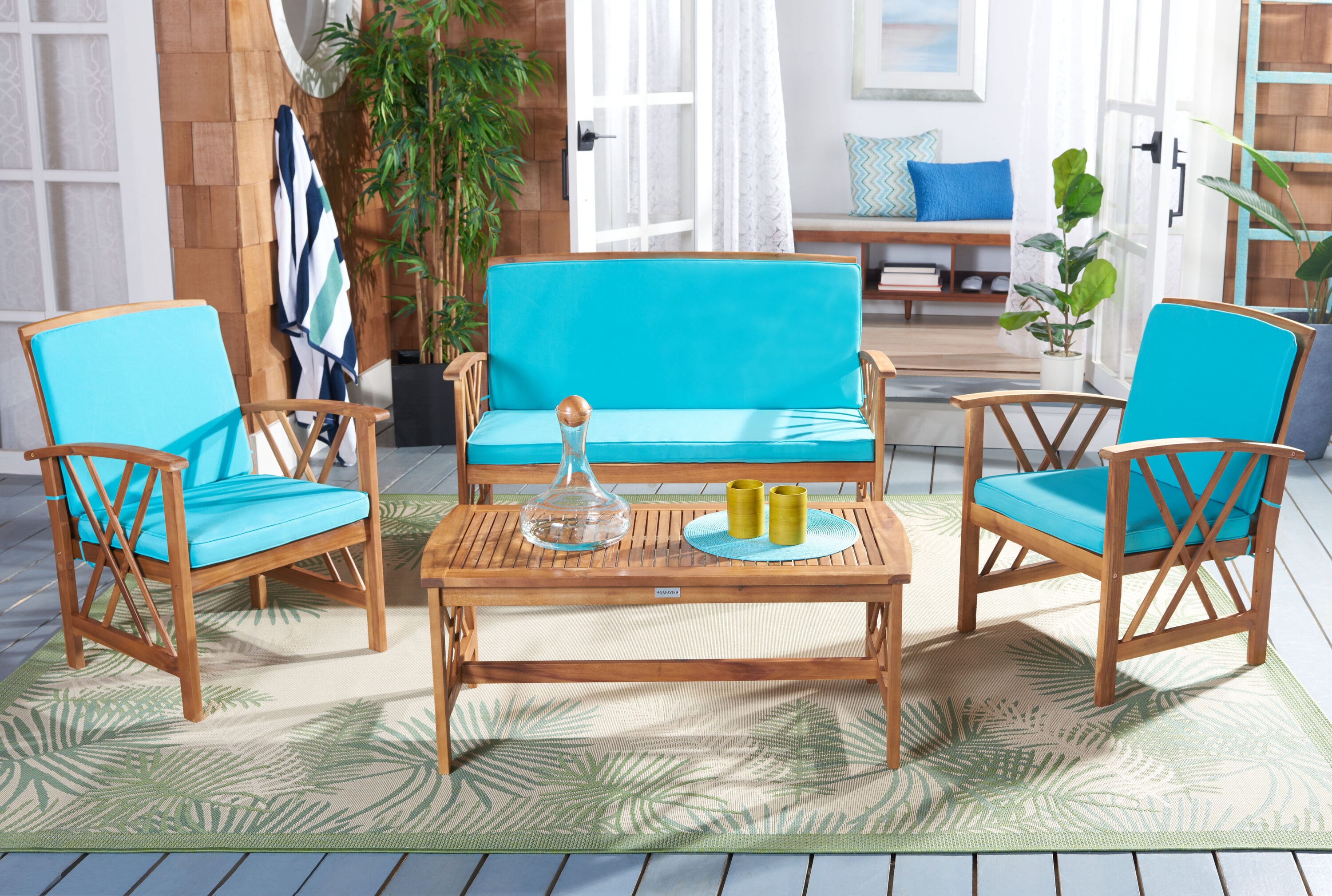 Safavieh PAT7008Q Patio 4-Piece Patio Conversation Set with Blue Cushions