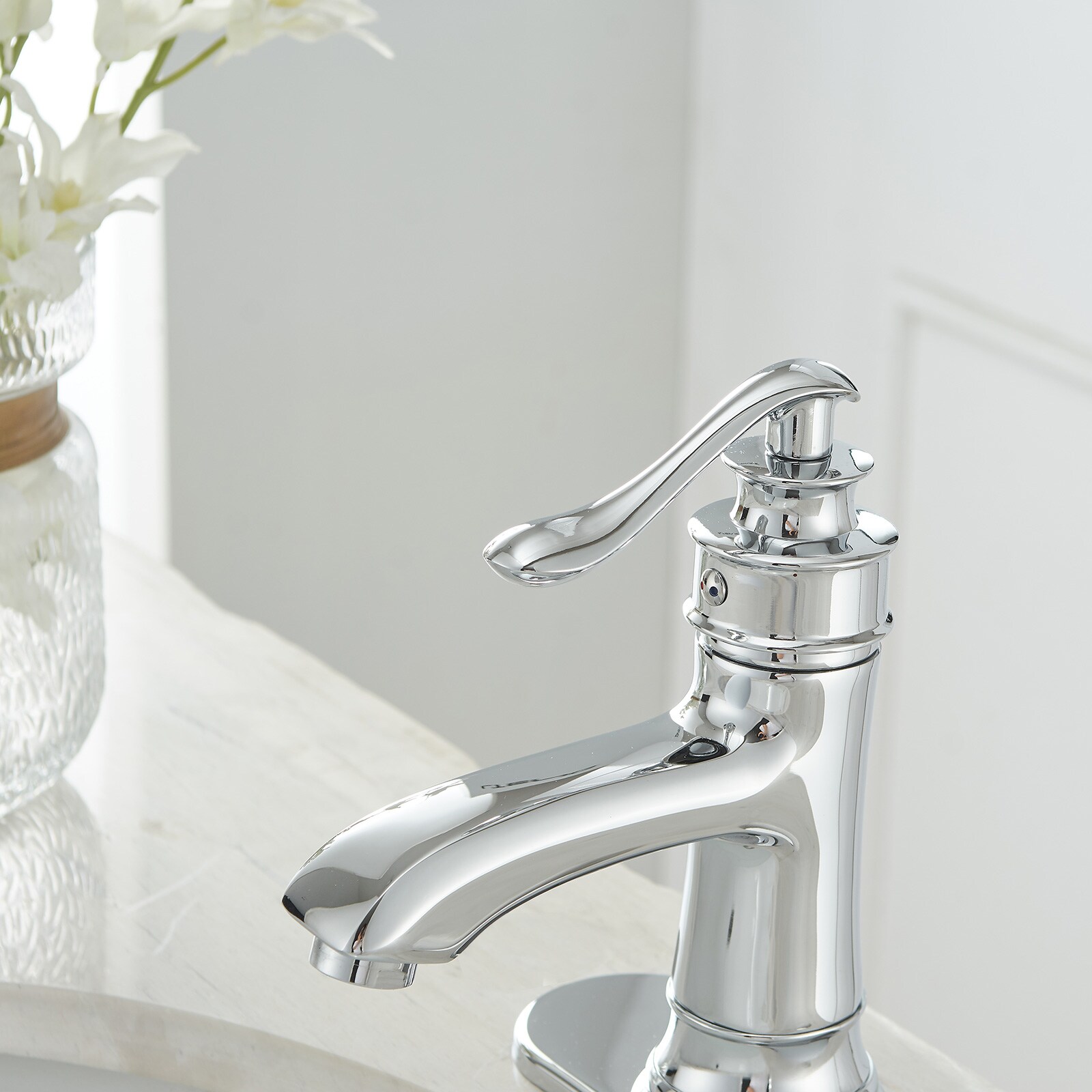 Polished Chrome Single Handle Low-Arc Bathroom Faucet with Drain