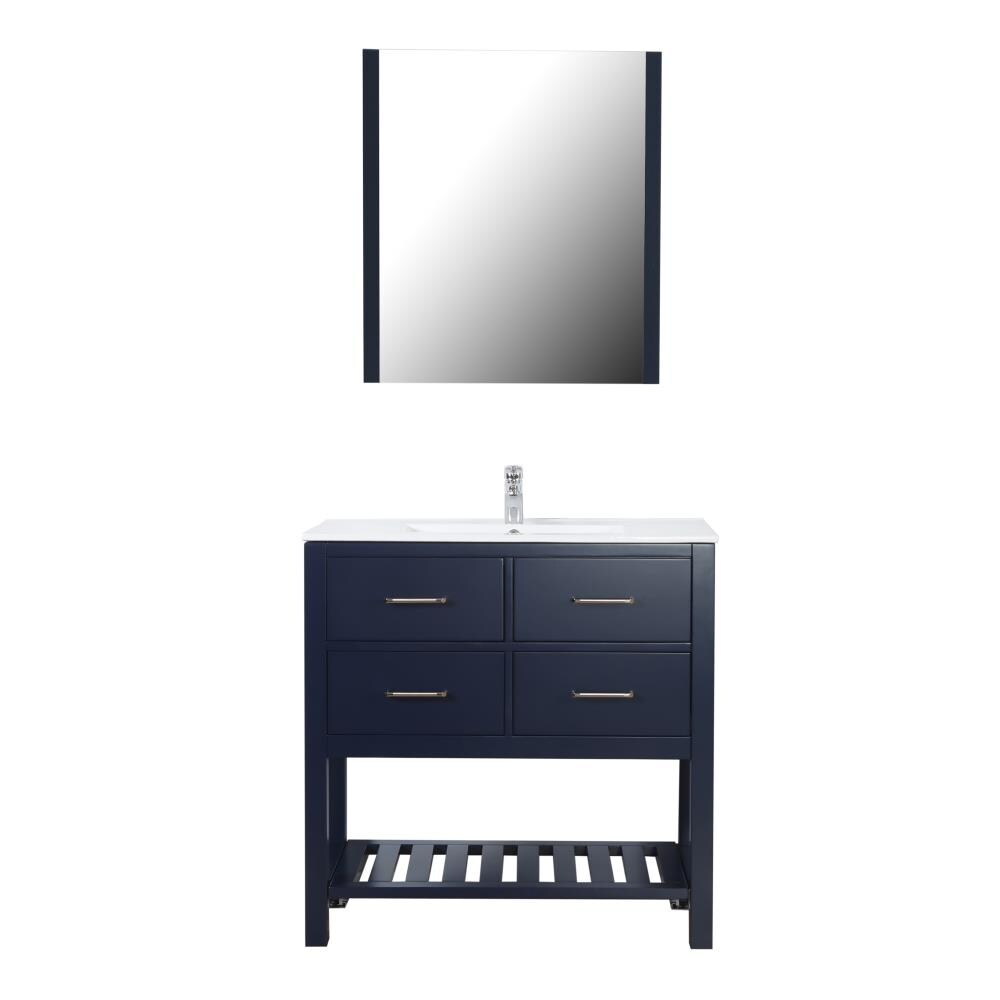 C.L.L Collections Santa Monica 36-in Navy Single Sink Floating Bathroom Vanity with White Ceramic Top (Mirror and Faucet Included) in Blue -  SM-36-C-MB-DB