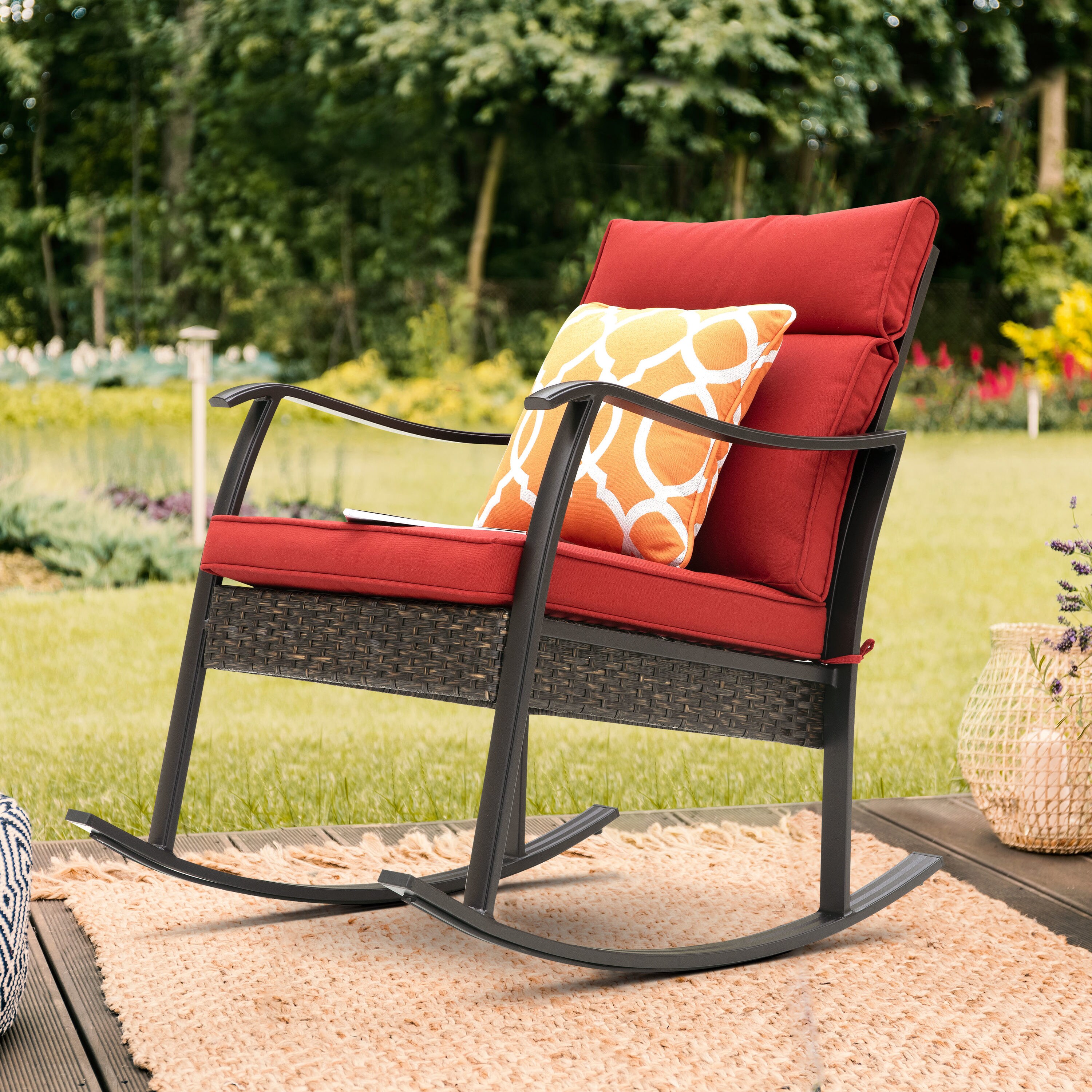 Nuu Garden Wicker Black Metal Frame Rocking Chair(s) with Red Solid ...