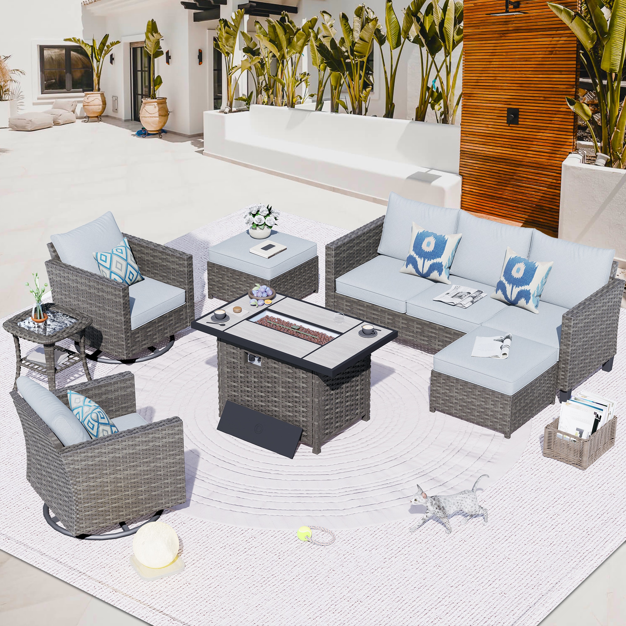 Pouuin SYZGRS705 7-Piece Wicker Patio Sofa Conversation Set with Gray Cushions