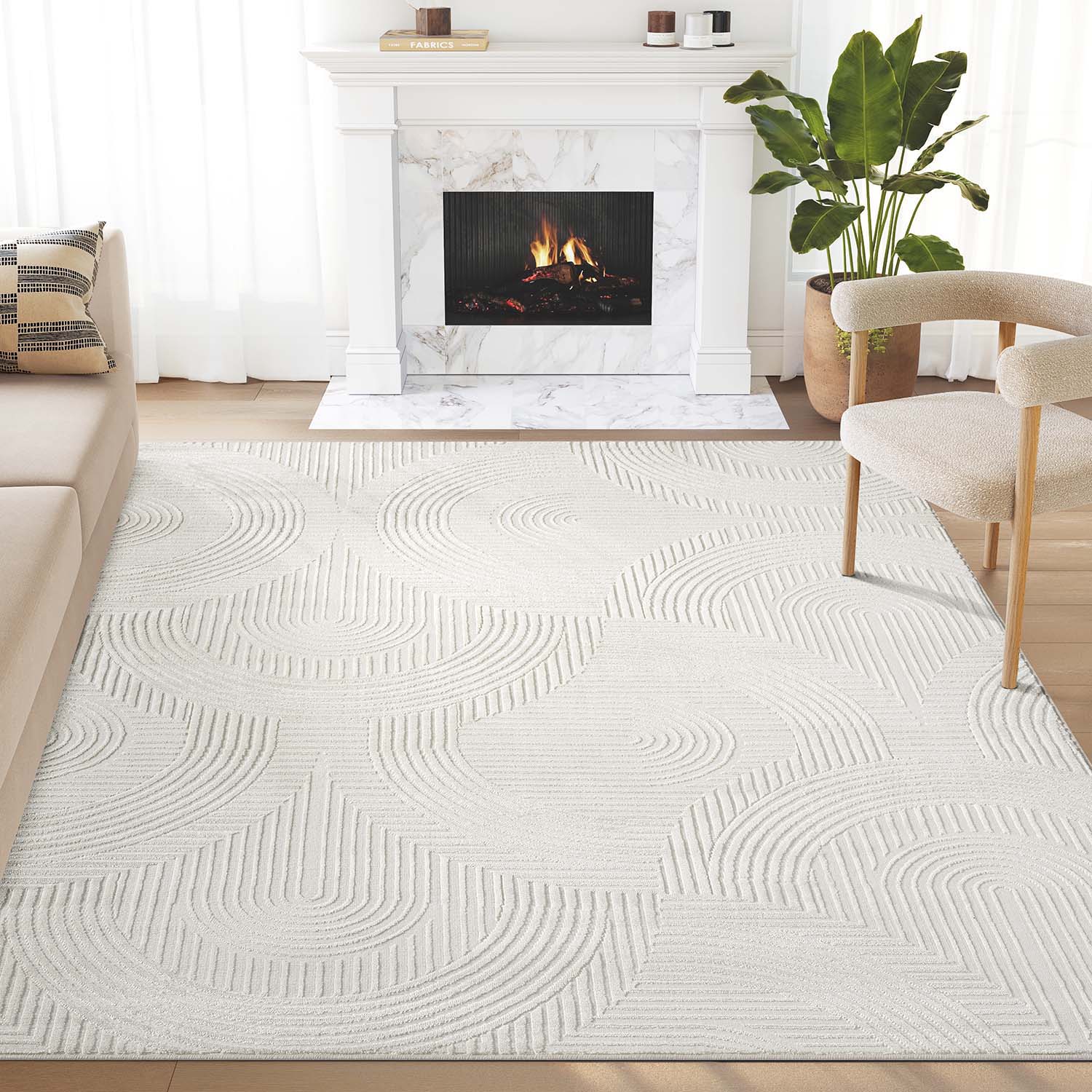 Neutral 8 x 10 (ft) Loomed Polypropylene Cream Rectangular Indoor Abstract Mid-Century Modern Spot Clean Only Area rug