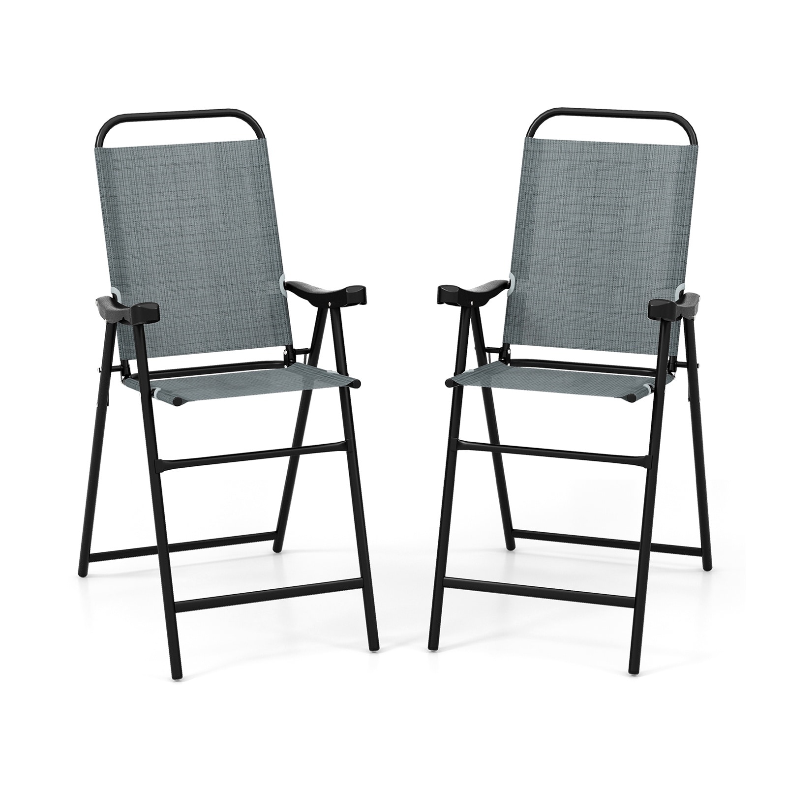 Volenca 2-Piece Outdoor Folding Steel Patio Bar Stool with Curved Armrests Fabric Seat and Triangle Frame