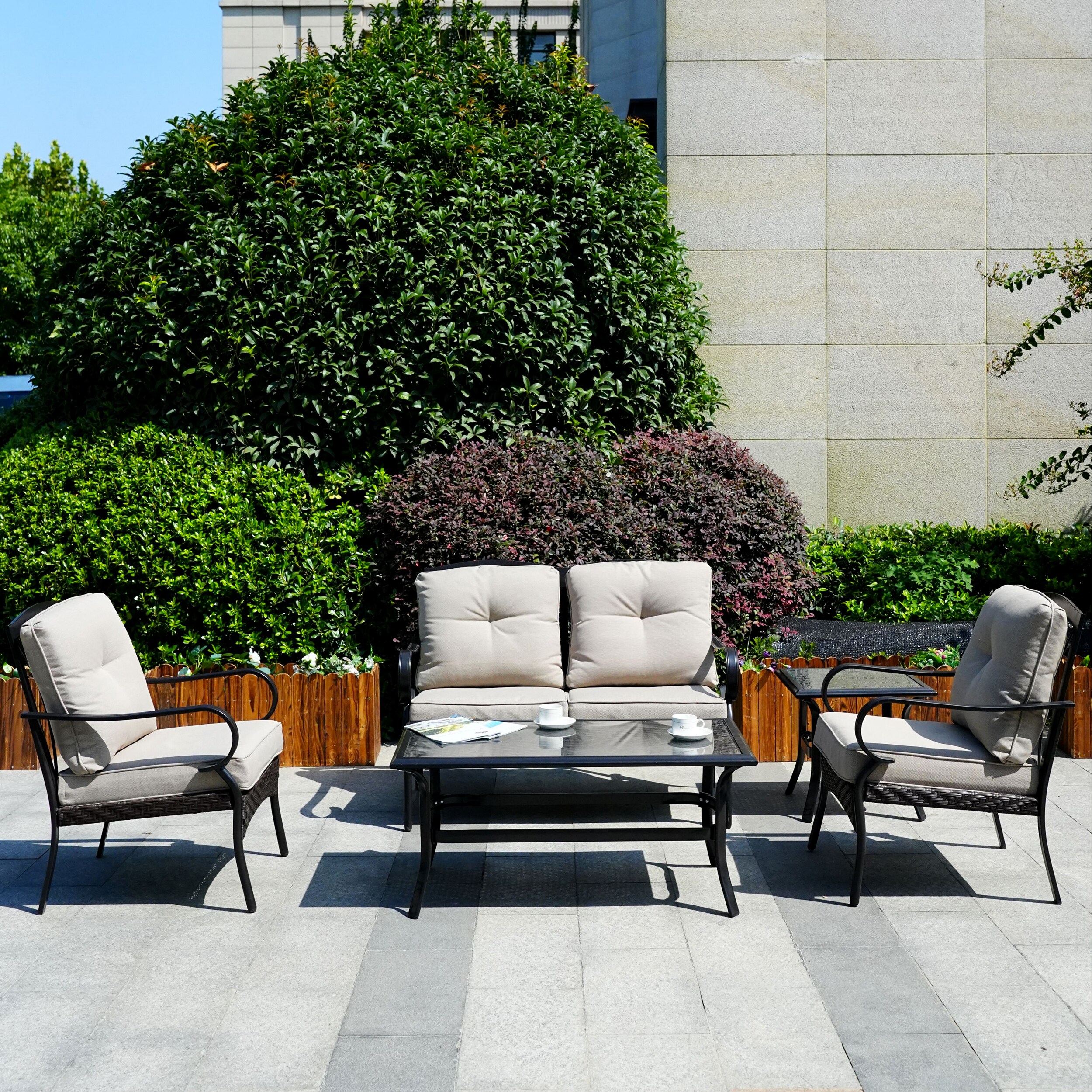 Moda Furnishings MOS-2022 5 -Piece Wicker Patio Sofa Conversation Set with White Cushions