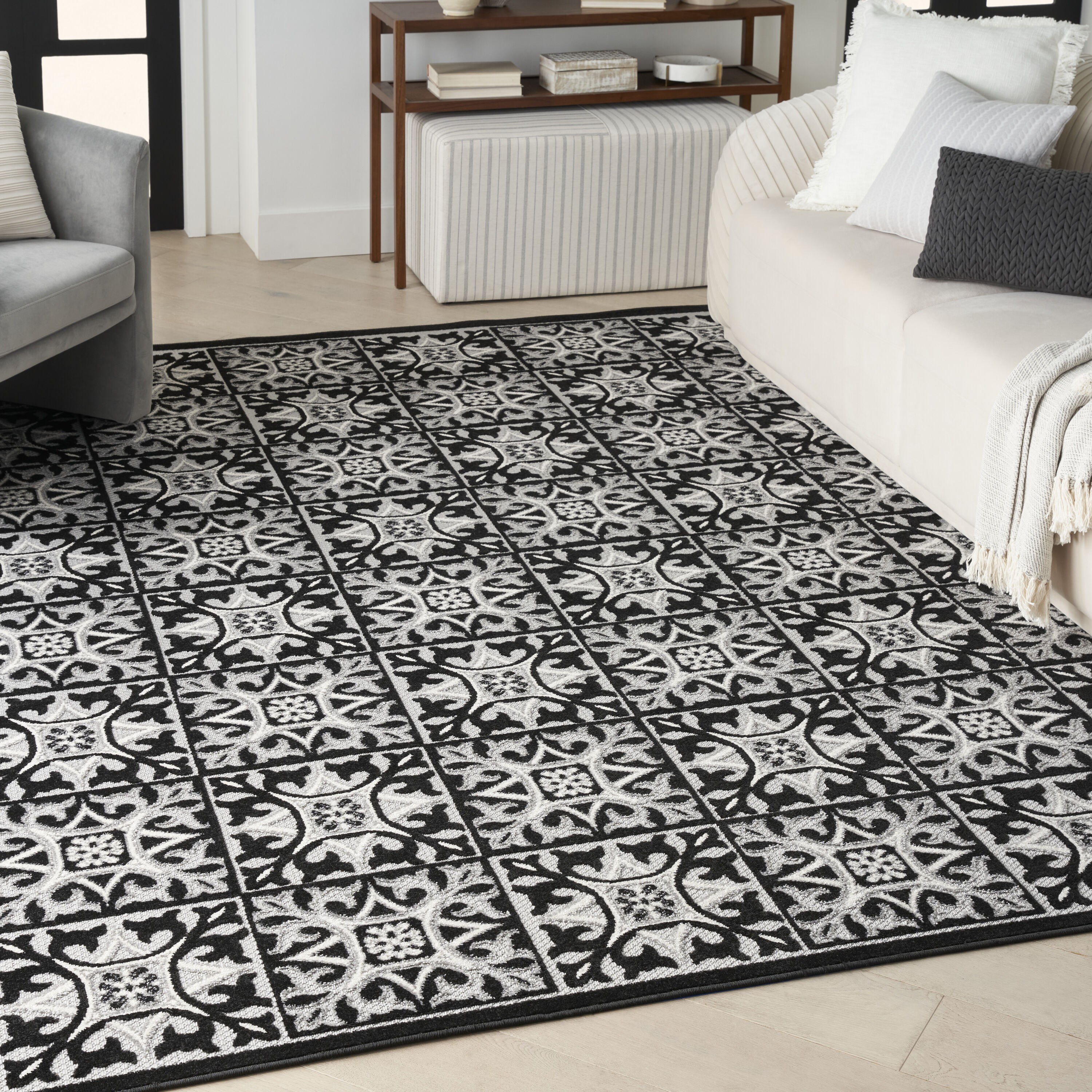 Nourison 099446173577 Aloha 9 x 12 (ft) Loomed Polypropylene Black White Rectangular Indoor/Outdoor Geometric Area rug