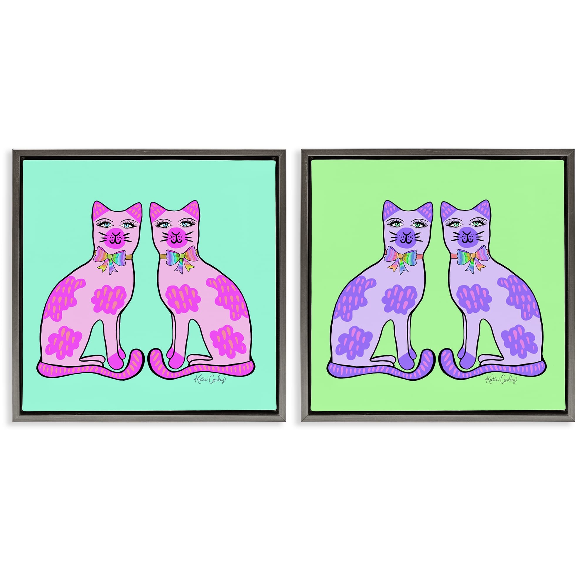 Stupell Industries B2-794-FFL-2PC-24X24 Bright Purple Cat Pairs 2 Piece Gray Framed Floater Canvas Set By Katie Conley 25 x 25