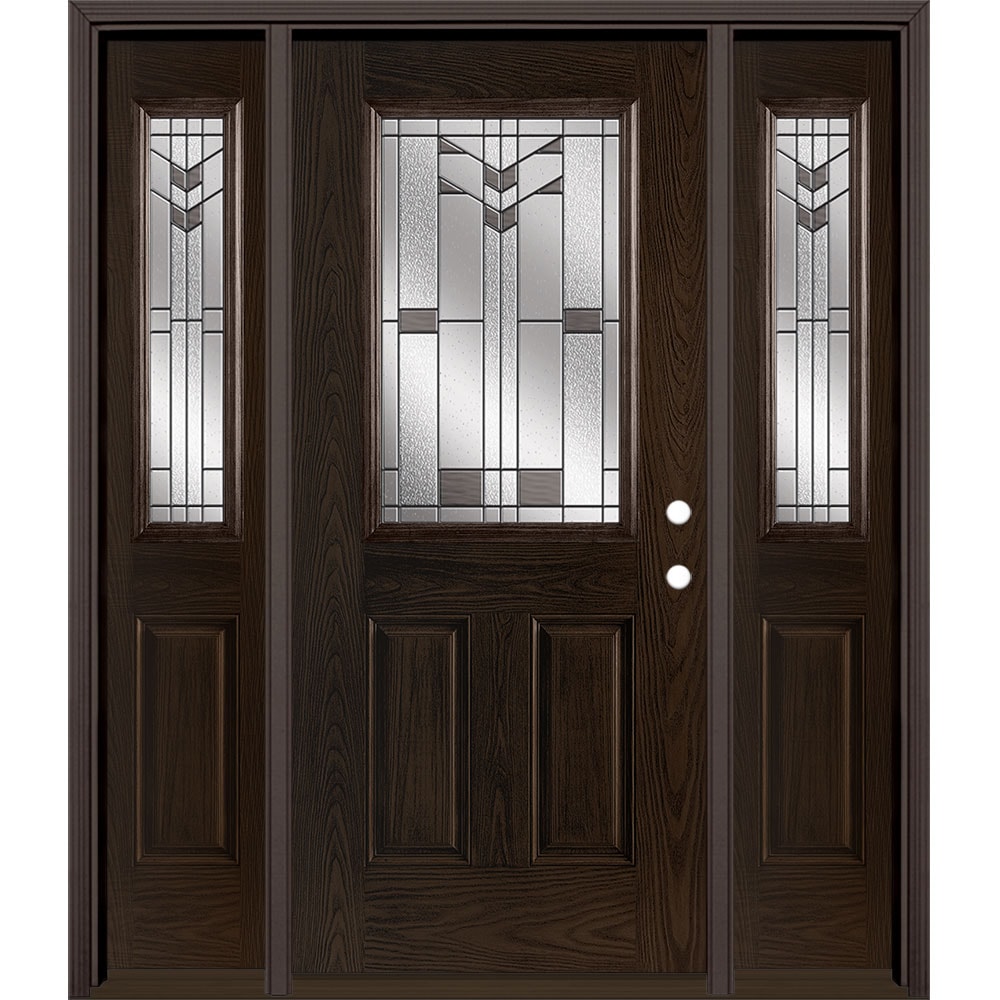 Masonite 3420271 Frontier 64-in x 80-in x 4-9/16-in Fiberglass Half lite Left-hand inswing Walnut Stained Prehung Front Door with Sidelights with Brickmould Insulating core
