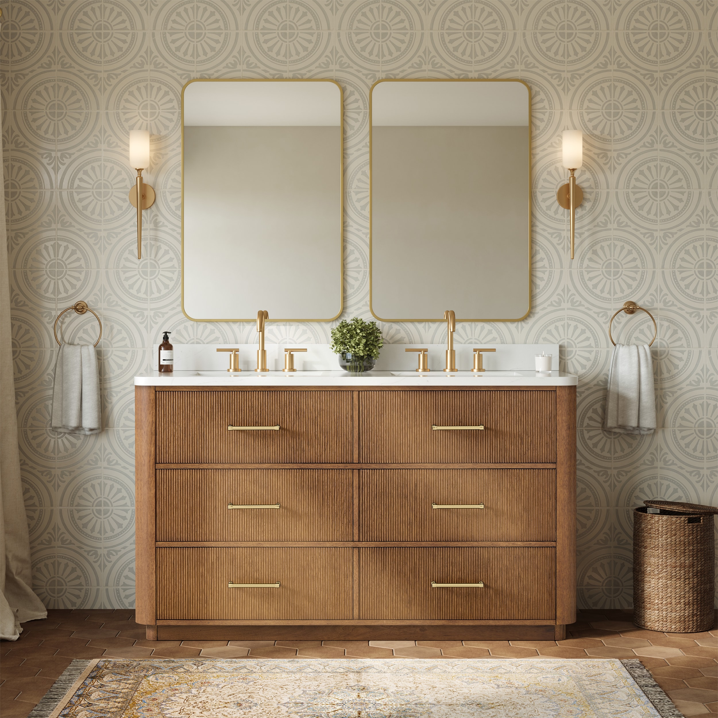Wyndham Collection Francesca 60 Inch Double Bathroom Vanity in Toasted Walnut, Rounded Giotto Quartz Countertop, Undermount Square Sinks (3-Hole), Satin Bronze Trim