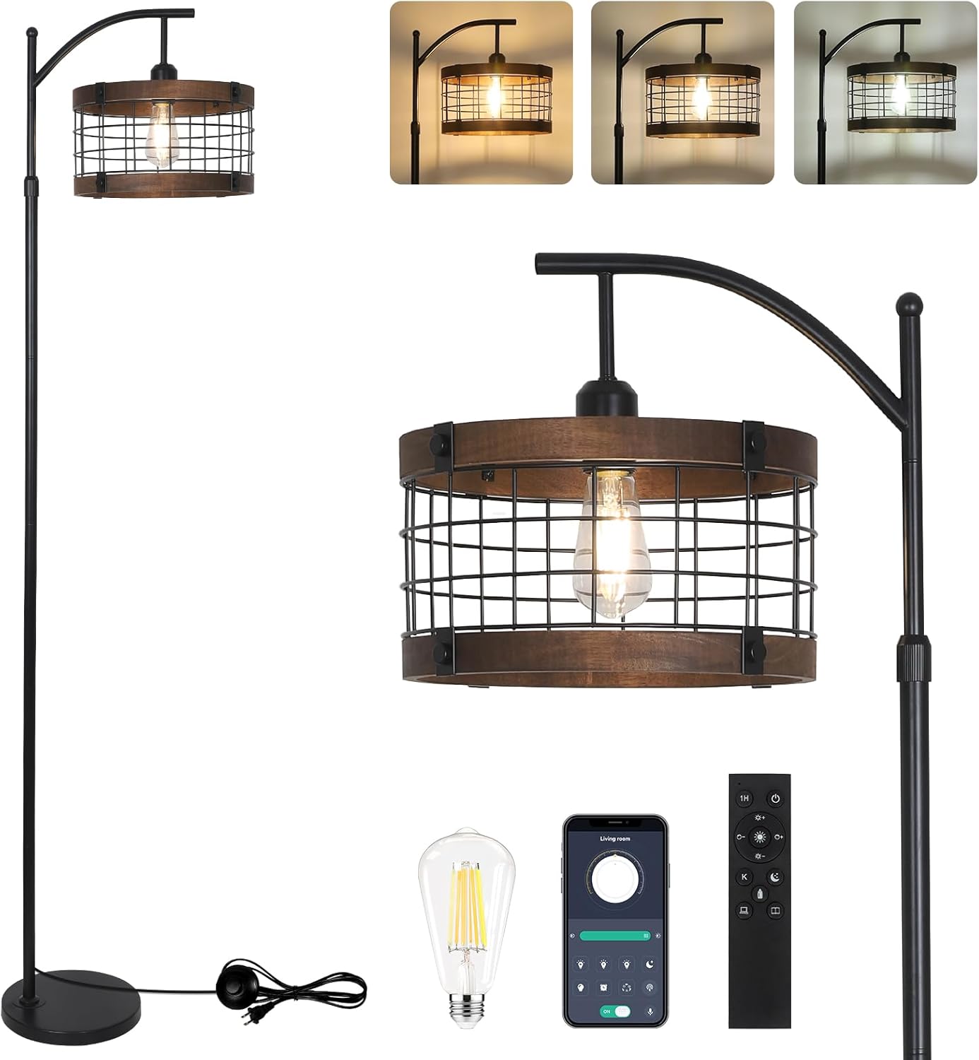 GDFStudio Arc Floor Lamp with Remote and Dimmable LED Bulb 65 Inch Adjustable Height Industrial Standing Lamp with Wood and Metal Cage Foot Switch