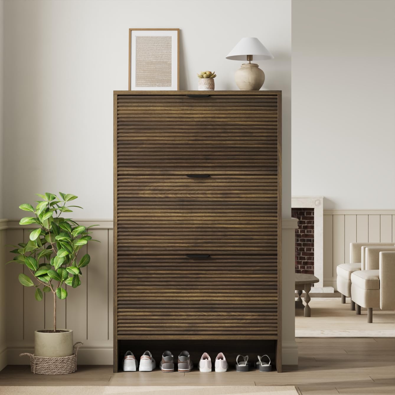 IdealHouse Shoe Storage Cabinet for Entryway Fluted Shoe Cabinet with 3 Flip Drawers Doors 32 Inch Wide Hidden Shoe Rack Tall Freestanding Shoe Organizer for Entrance Hallway Living Room Walnut #BKU-SBP2-72D90KUJ