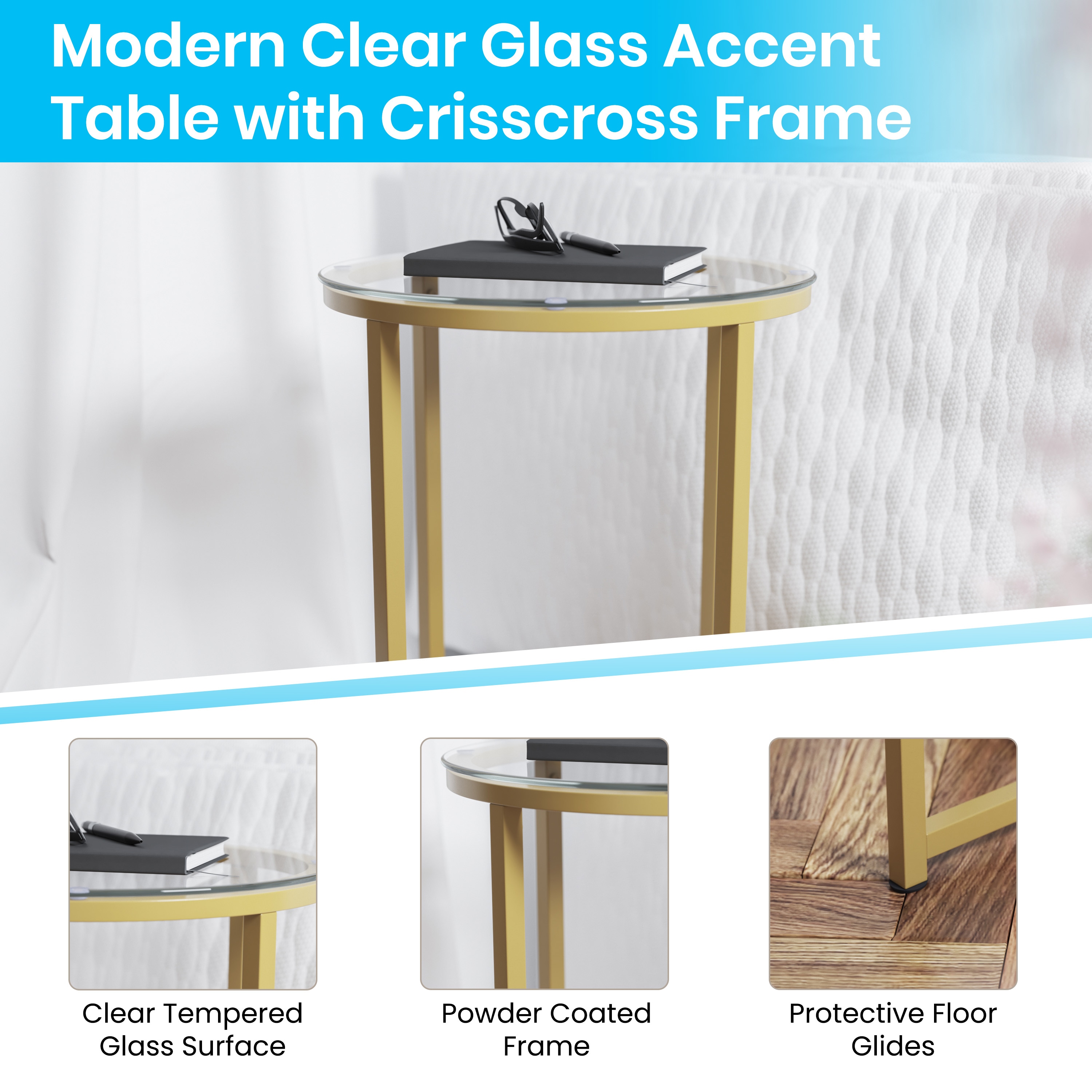 Elegant Round Glass Top End Table with Brushed Gold Crisscross Base