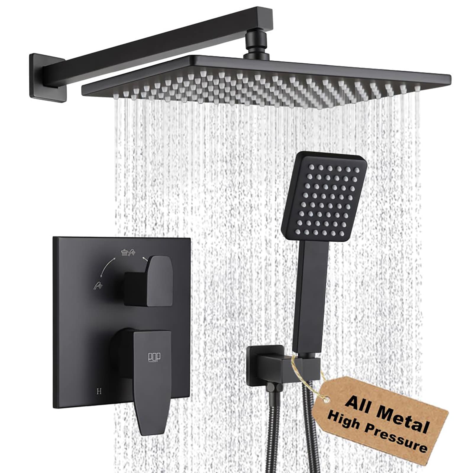 Anqtovp  Matte Black Shower Faucet Set 12 Inch Rainfall Shower Head Wall Mounted High Pressure All Metal Shower System Kit 1 Set