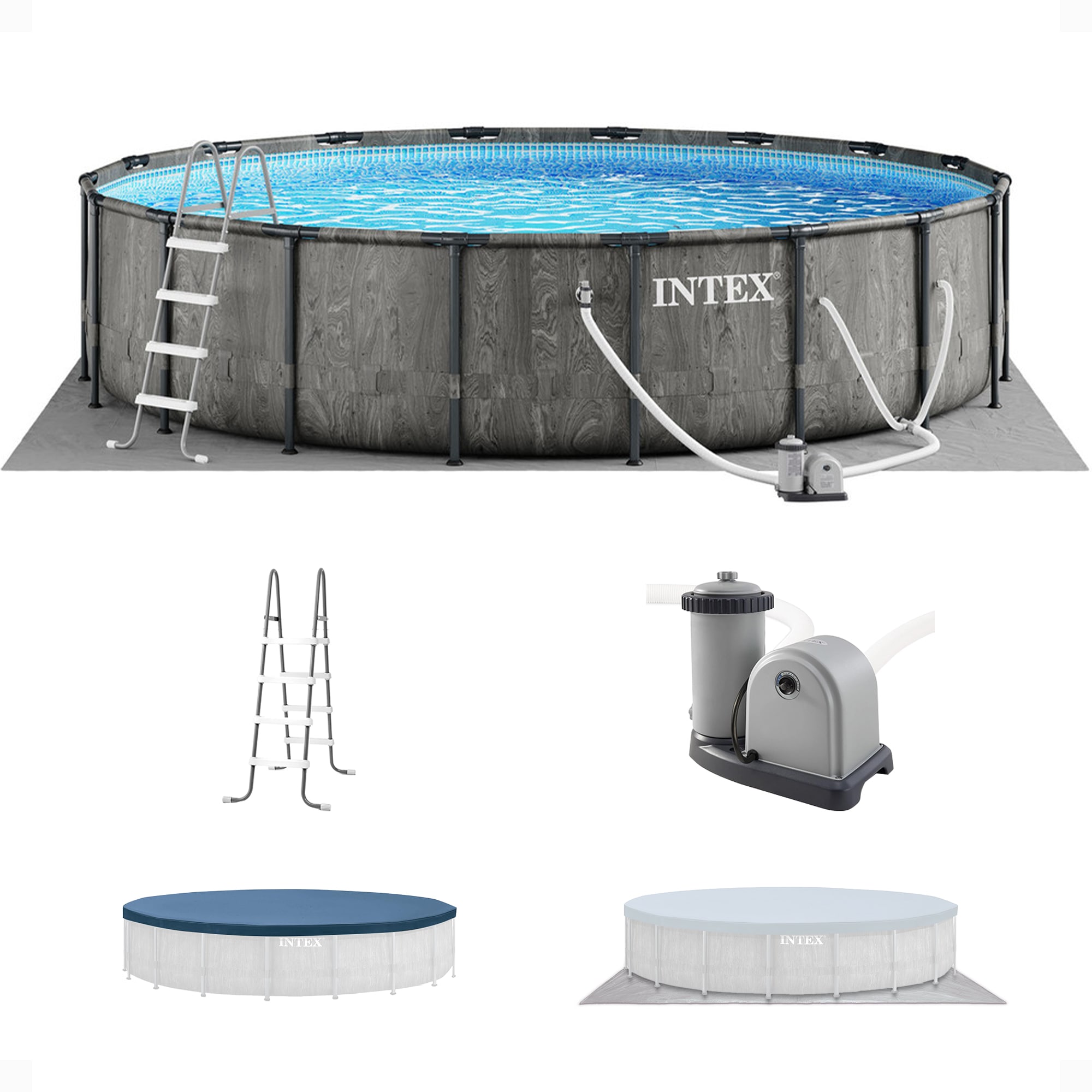 Intex 160759 18-ft x 18-ft x 48-in Metal frame Round Above-Ground Pool with Filter Pump with Ground Cloth with Pool Cover with Ladder