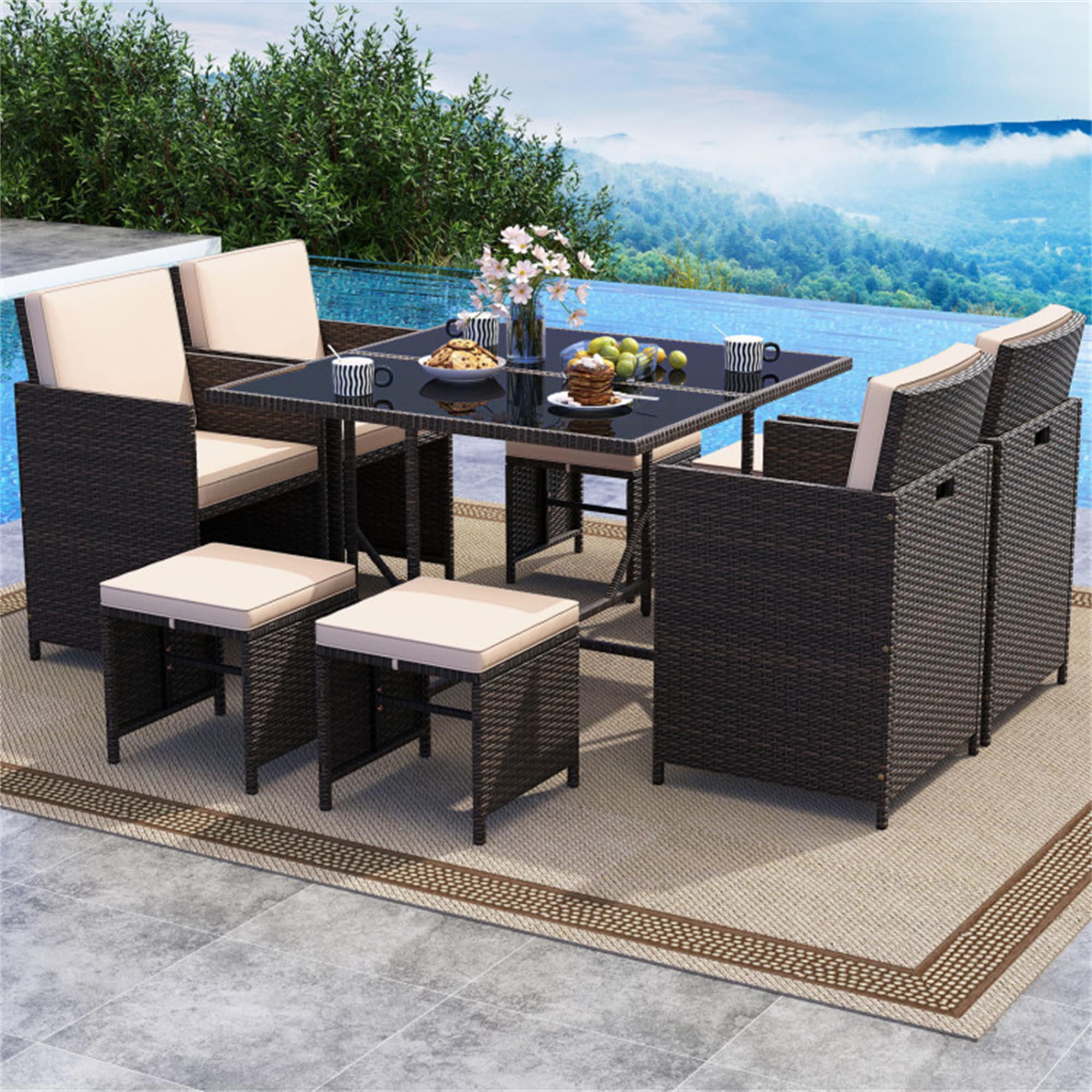 BABOOM BOM-091760-OR Patio Furniture Set 9 -Piece Mix Brown Rattan Patio Dining Set Steel Rectangle Table with 4 Beige Cushions Stationary Chairs