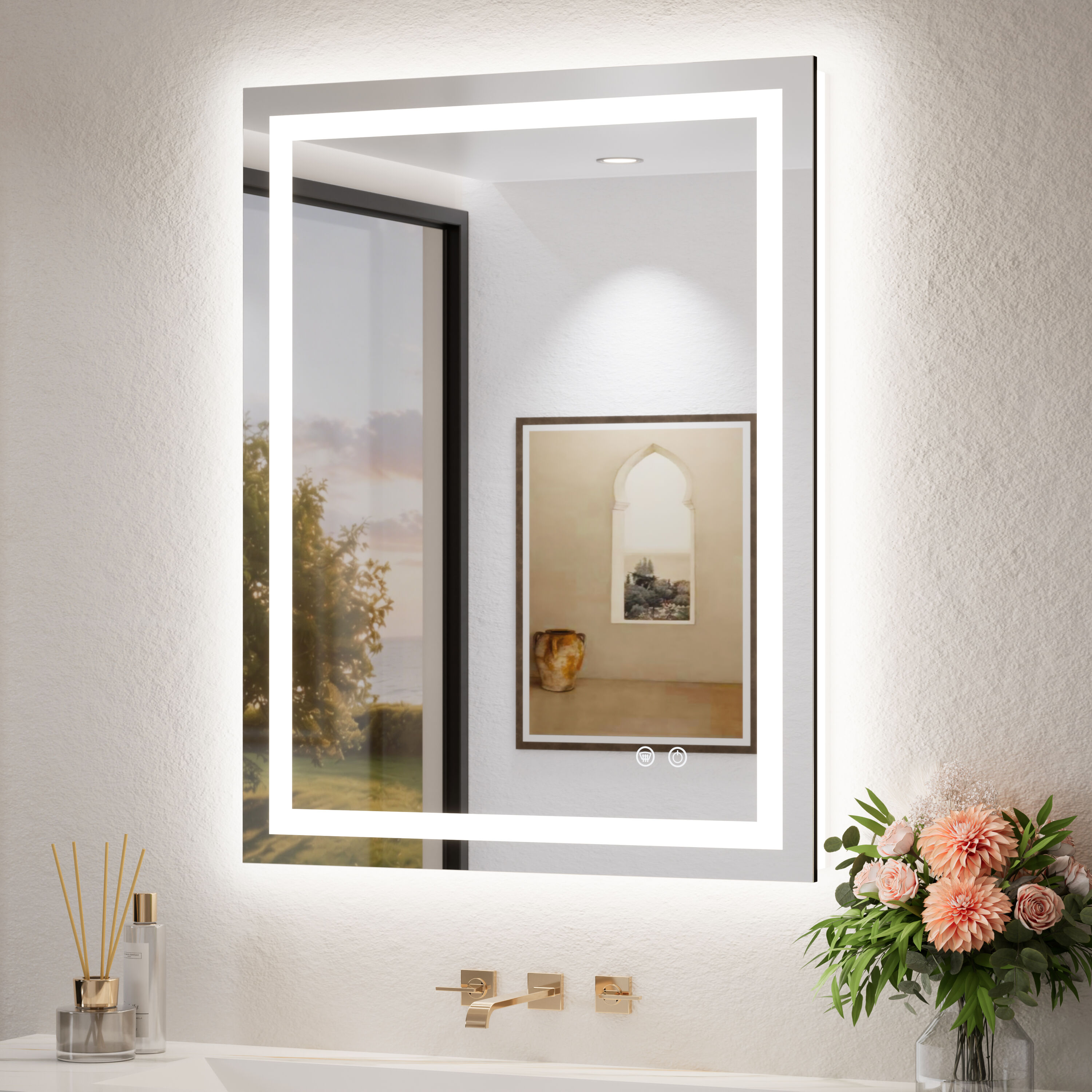 TETOTE 28x36 Inch LED Bathroom Vanity Mirror Tempered Glass Front And Backlit Dimmable 3 Color Lighted Mirror with Lights Anti-fog Memory Function Frameless