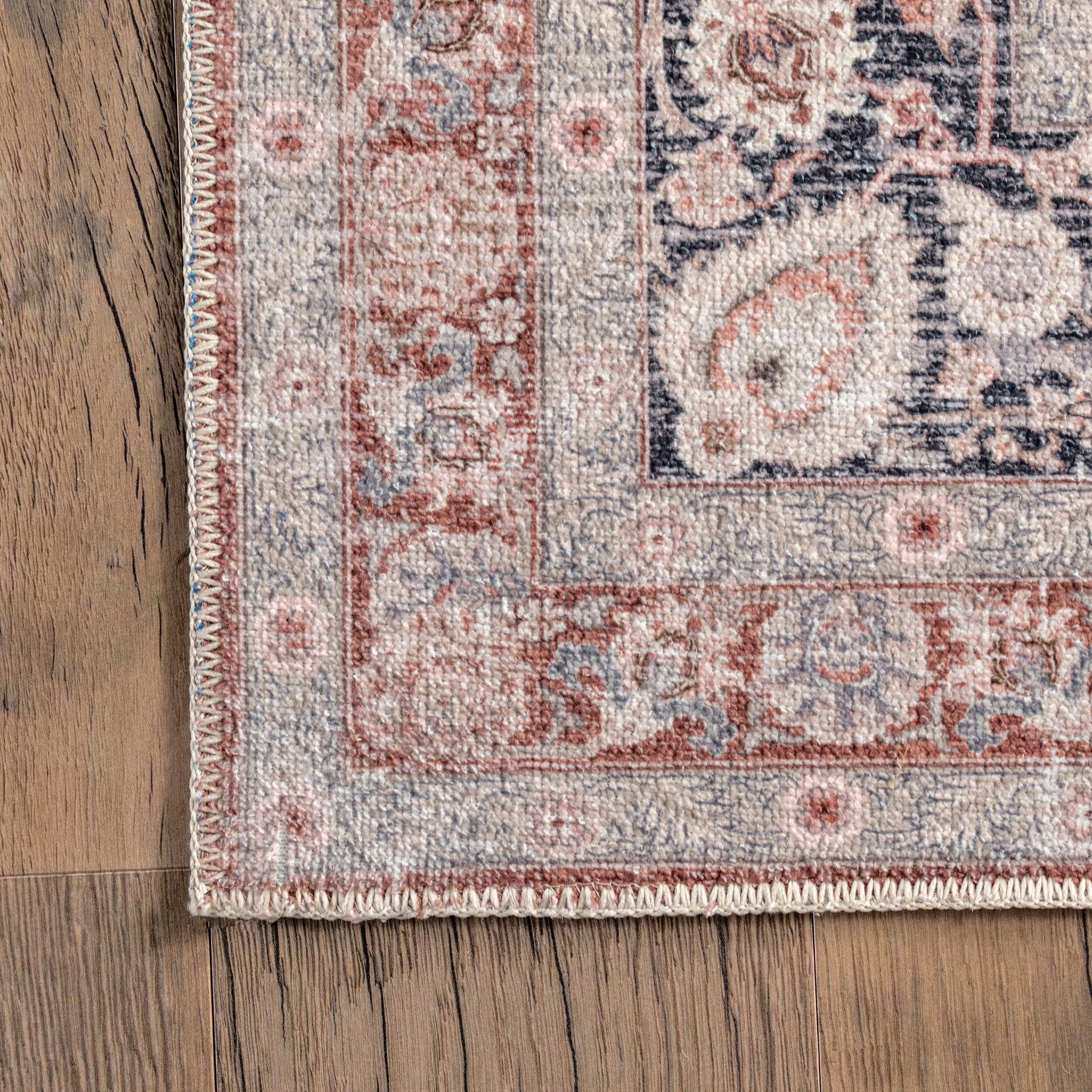 Red and Beige Synthetic 4' x 6' Washable Rectangular Area Rug
