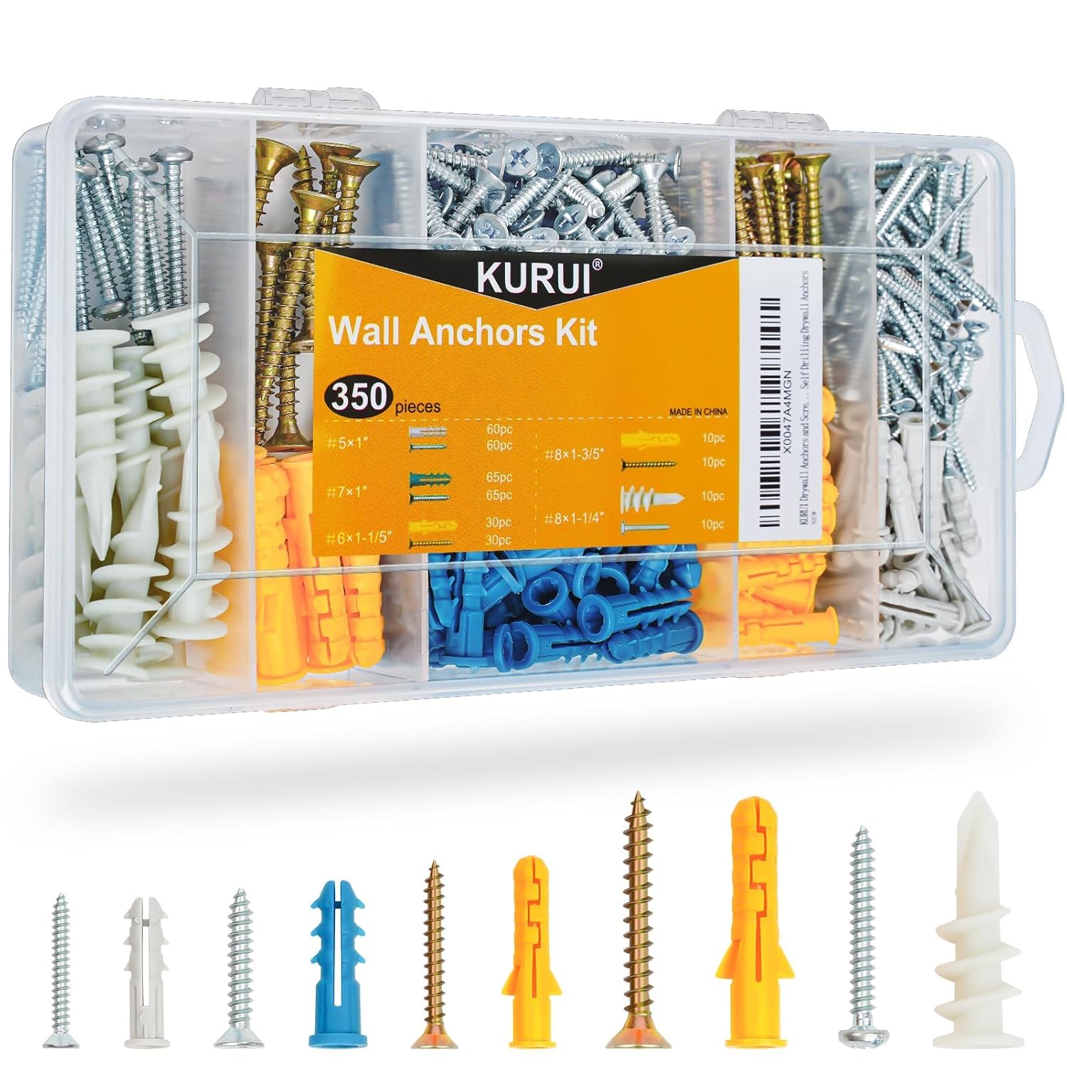 KURUI  Drywall Anchors Assortment Kit for Sheetrock Concrete Brick 350Pcs Wall Anchors and Flat Head Screws 5 Sizes Picture Hanging Set for Bedroom Office Wall Art Decor House Warming Gifts New Home