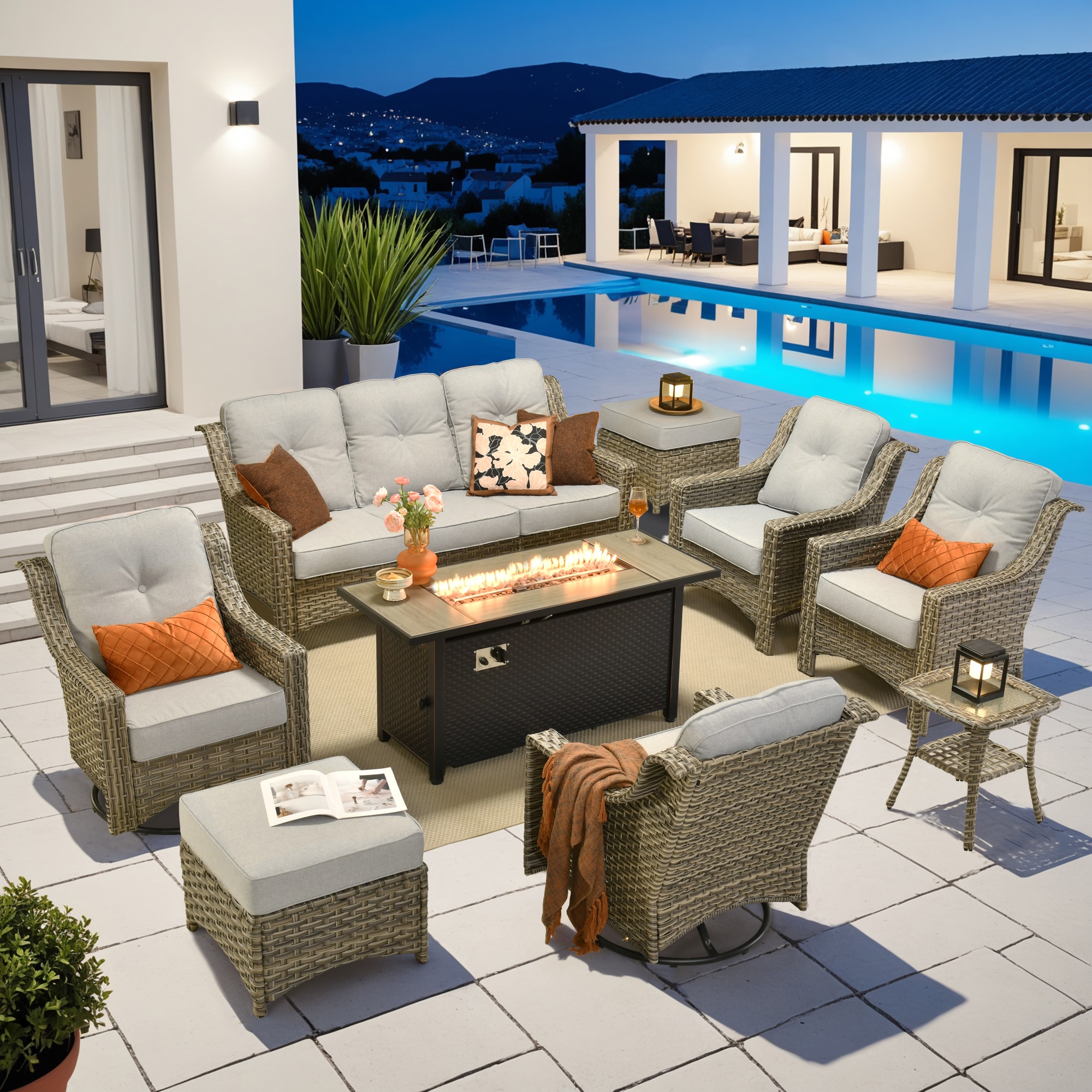 Pouuin SDFPYZPAD409 10 -Piece Wicker Patio Sofa Conversation Set with Light Gray Cushions