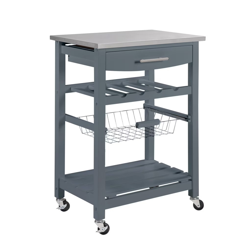 Beedesign - Mobile Rolling Kitchen Island Trolley with Stainless Steel Top Drawer and Wire Basket...