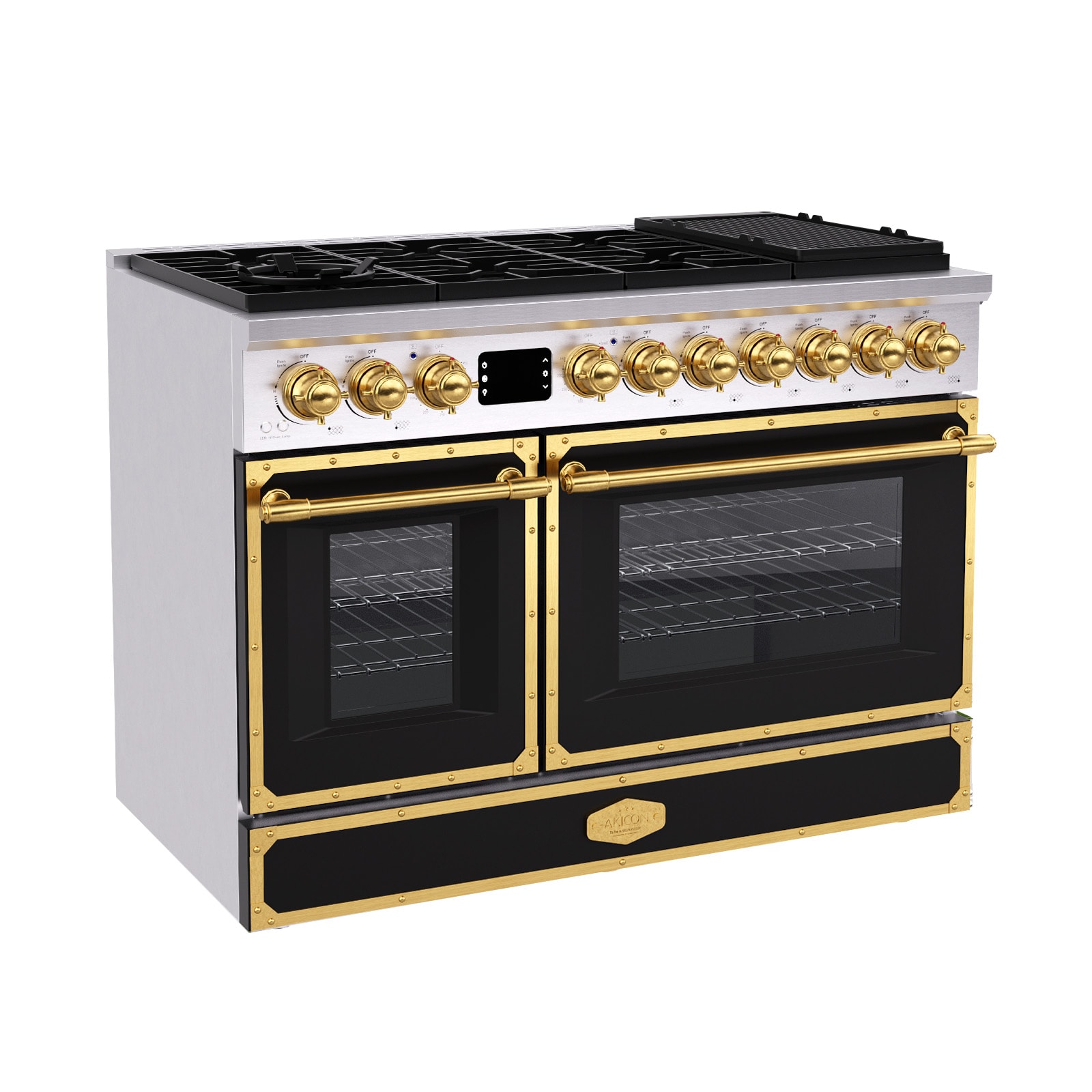 Akicon AK-G48N05A-MBGBGGA1 48-in 8 burners 4.2-cu ft / 2.5-cu ft Convection Oven Freestanding Dual Fuel Double Oven Gas Range ( Black with Gold )