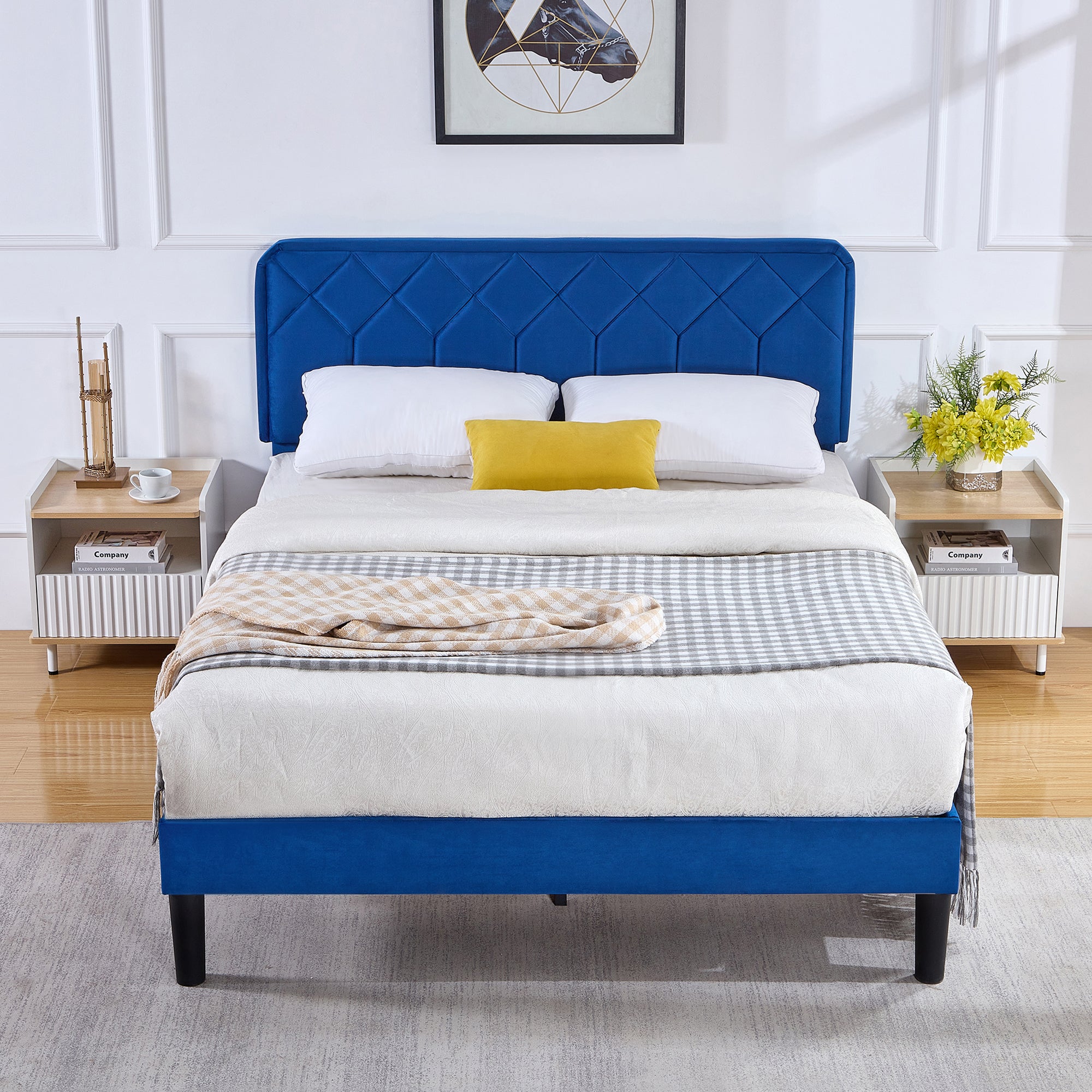 Vecelo LOE-CY-QB02-DBLU Queen Size Bed Frame Velvet Upholstered Platform with Adjustable Headboard Easy Assembly Dark Blue