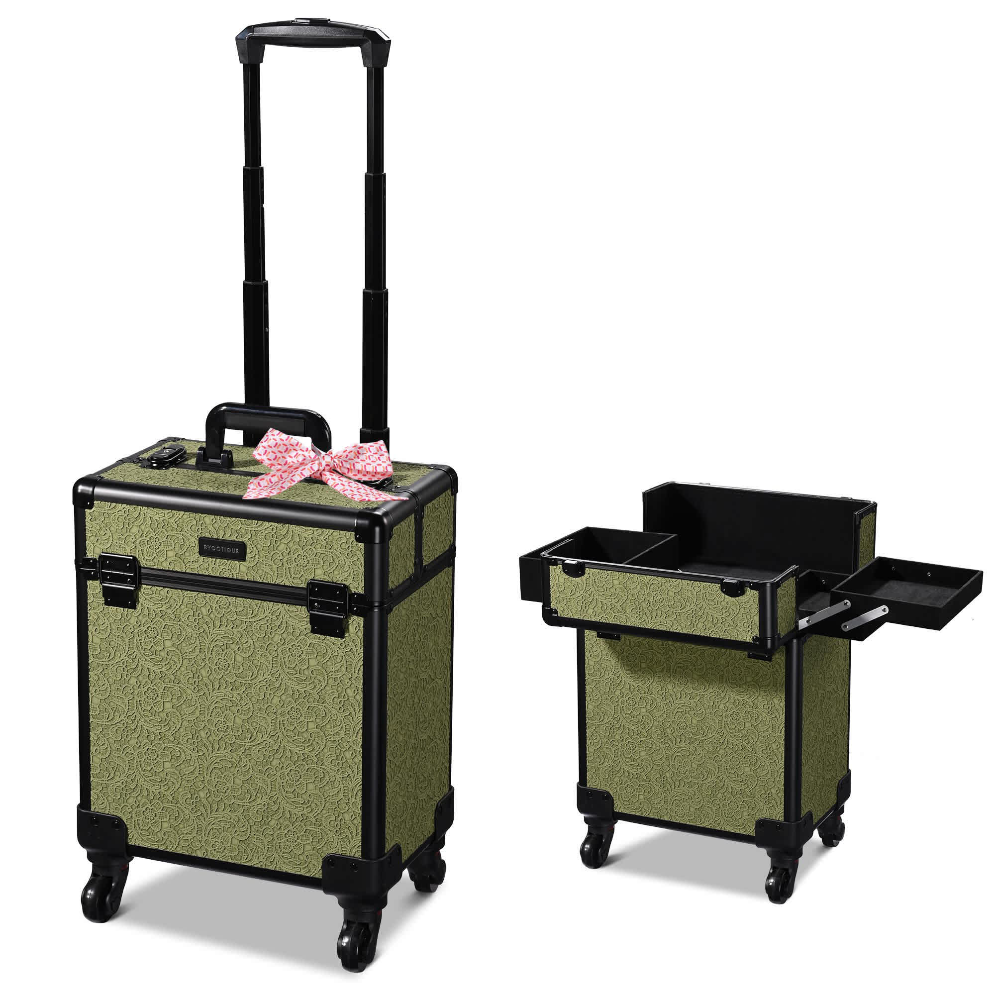Yescom 12MKC028-SM-RCC04-LO Byootique Rolling Makeup Train Case Cosmetic Trolley Organizer Salon Rococo Moss