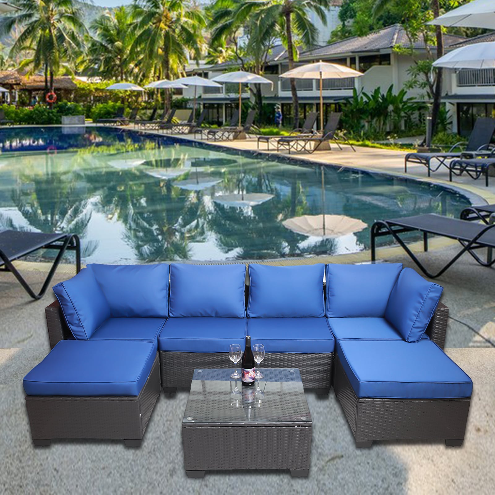 AAZJ TEM-006AAA 7 -Piece Rattan Patio Conversation Set with Blue Cushions