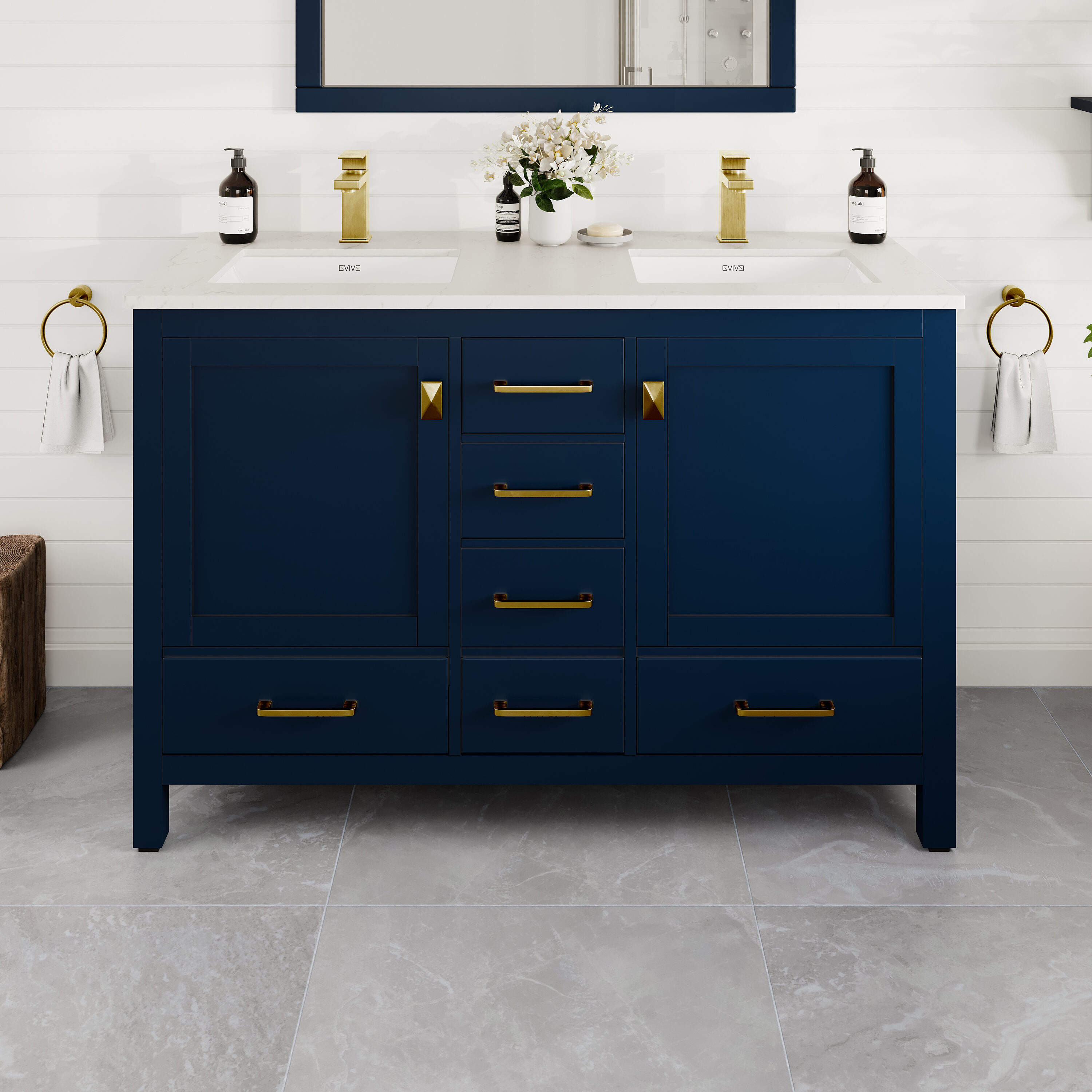 Eviva TVN414-48X18BLU-DS London 48-in Blue Undermount Double sink Bathroom Vanity with White Quartz Top